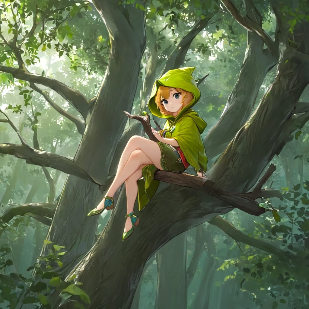 1girl, Hoodwink <lora:Hoodwink:1>, in the woods, sitting on a tree branch, best quality