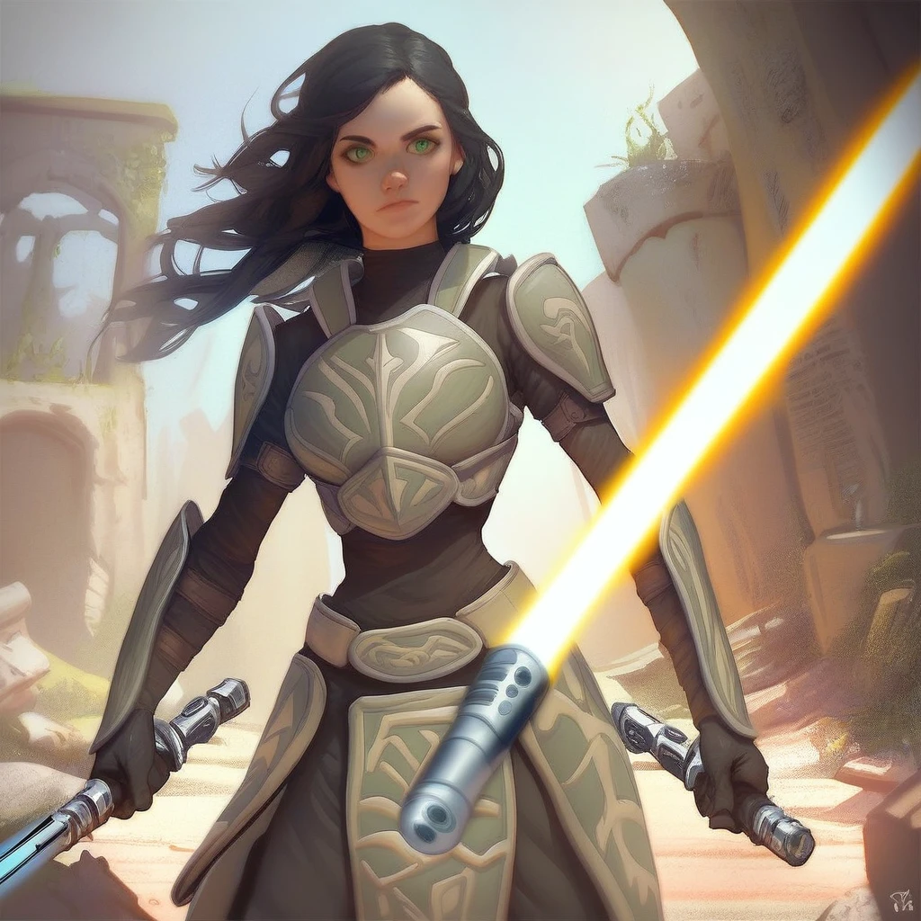 score_9, score_8_up, score_7_up, padawan exile armor, swtor, weapon, sword, lightsaber, armor, energy sword, ruins, holding, waist up, portrait, face focus, green eye, black hair, female focus, realistic