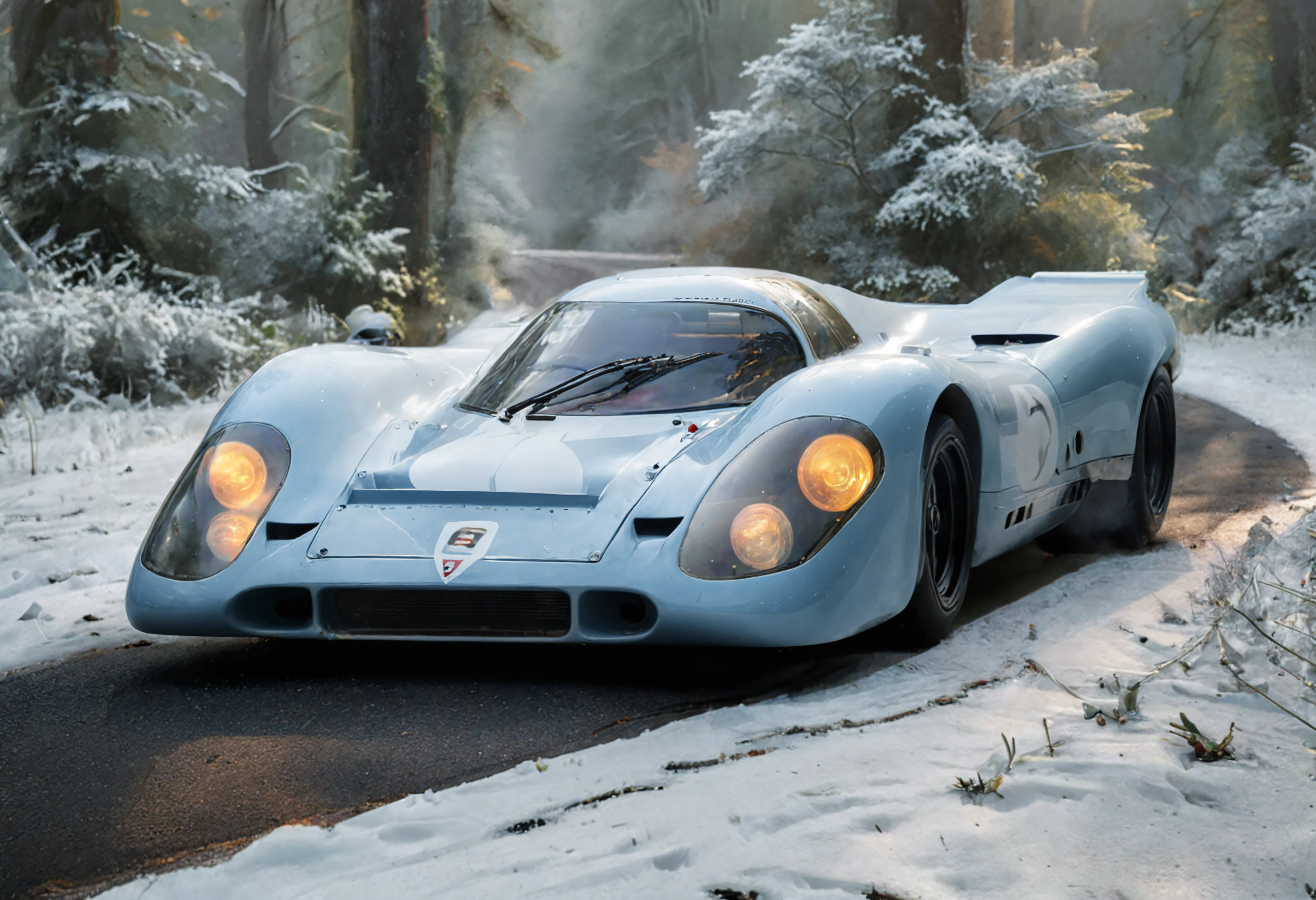 a photograph of a sports car, p0rsche9l7xl,     Snowfall: Blanketing landscapes in serene and pure white, offering a sense of tranquility., Silver Blue,  front view , A secluded, sun-dappled forest clearing., dark, low-key,   low color saturation, concept art, perfect composition, masterpiece, professional photography, zeiss lens, shot on dslr 64 megapixels, sharp focus, intricately detailed, dramatic, tilt shift, f/32,