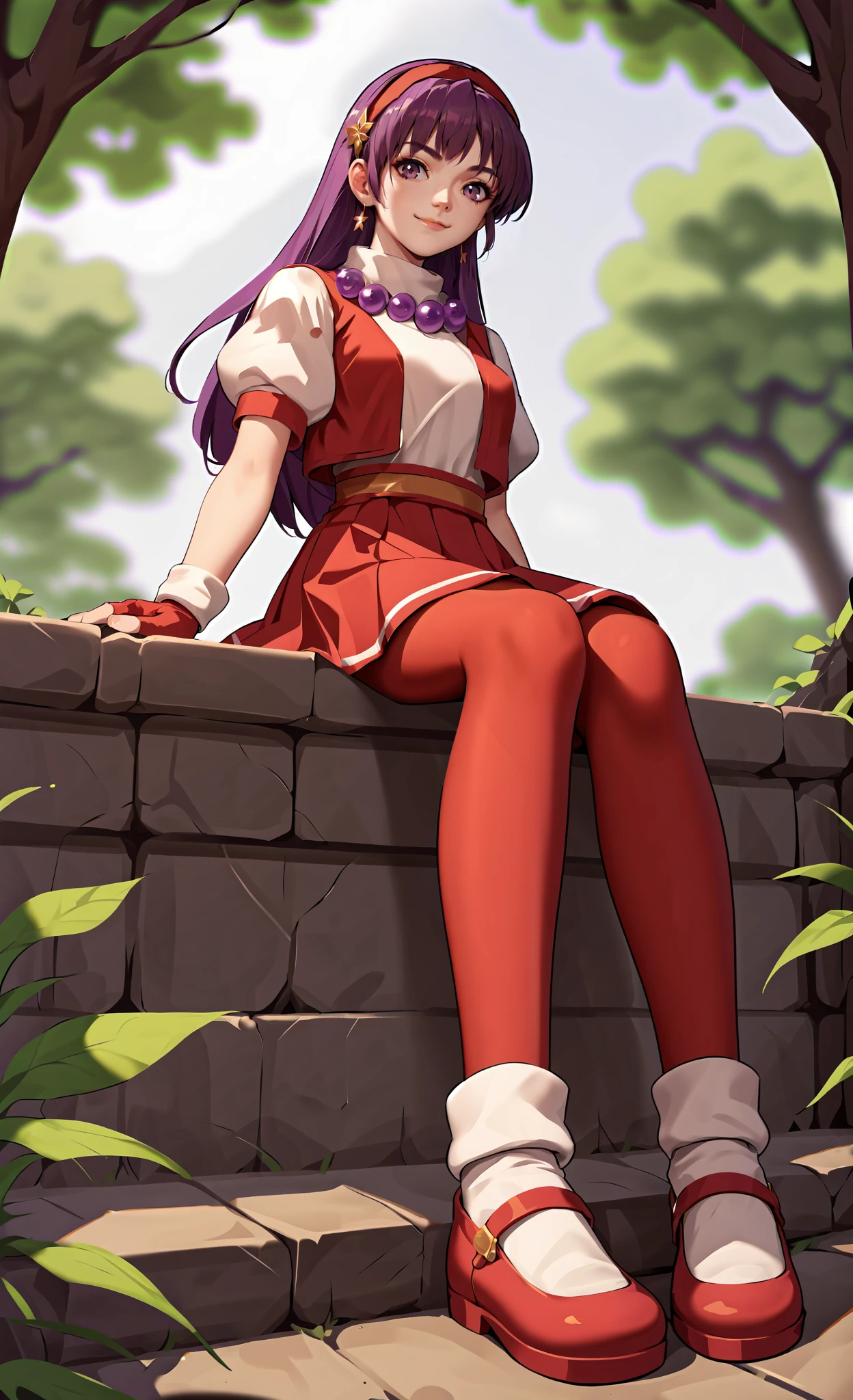 anime artwork,score_9,score_8_up,score_7_up,score_6_up,score_5_up,score_4_up,source_anime,1girl,athena97,asamiya athena, purple hair, purple eyes, red hairband,fingerless gloves, red skirt,
red pantyhose,
sitting, from below, full body, 
smile, closed mouth, 
looking at viewer,
outdoors, sunlight,
 <lora:PersonalAmi_PonyXL:0.5> <lora:Athena97xl:1>