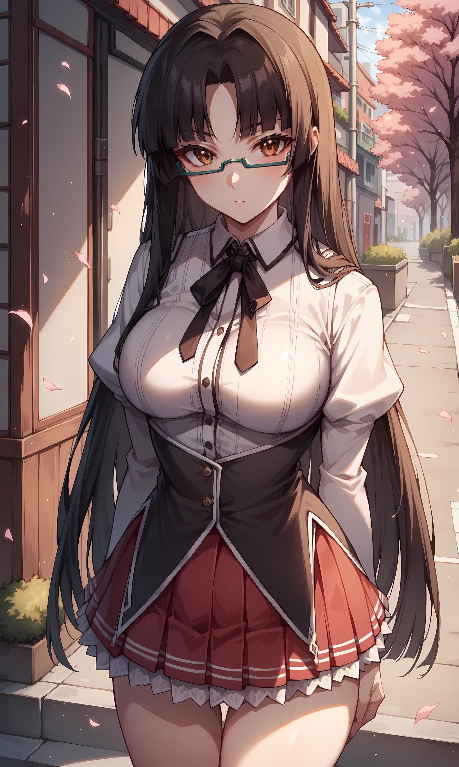 score_9, score_8_up, score_7_up, BREAK source_anime, 1girl, solo, outdoors, street, cherry blossoms, cowboy shot, standing, looking at viewer, shinra, brown eyes, long hair, black hair, glasses, semi-rimless eyewear, under-rim eyewear, parted bangs, blunt bangs, collared shirt, long sleeves, black ribbon, neck ribbon, vertical-striped shirt, black corset, dark red skirt, pleated skirt, frilled skirt