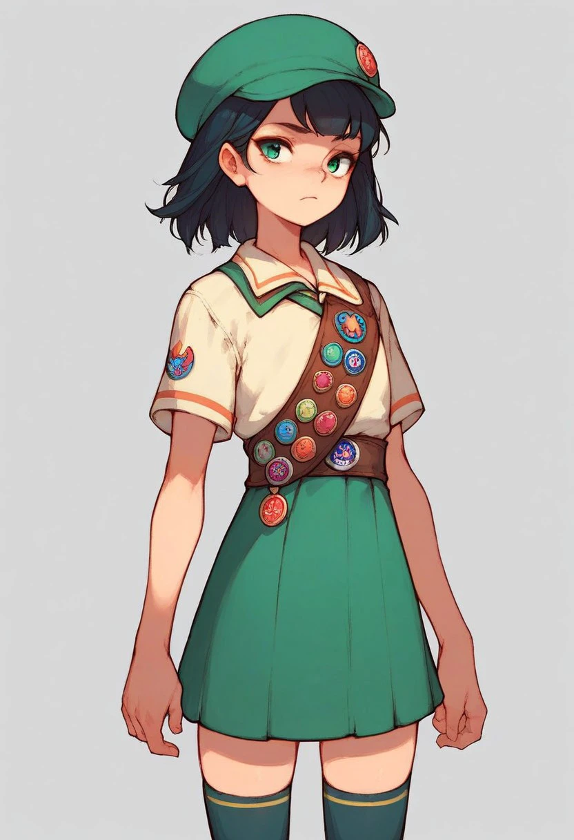 score_9, score_8_up, score_7_up, score_6_up, score_5_up, 1girl, solo, black hair, medium hair, bangs, flat chest, girl scout, badge hat, badge sash, green skirt, thighhighs