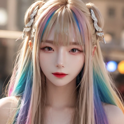 highly insanely detailed, masterpiece, top quality, best quality, highres, 4k, 8k, RAW photo, (very aesthetic, beautiful and aesthetic),  
(1girl:1.3), eyes focus, 
(soft beige hair,rainbow hair,Iridescence hair,streaked hair), 
orange background, 
âââ