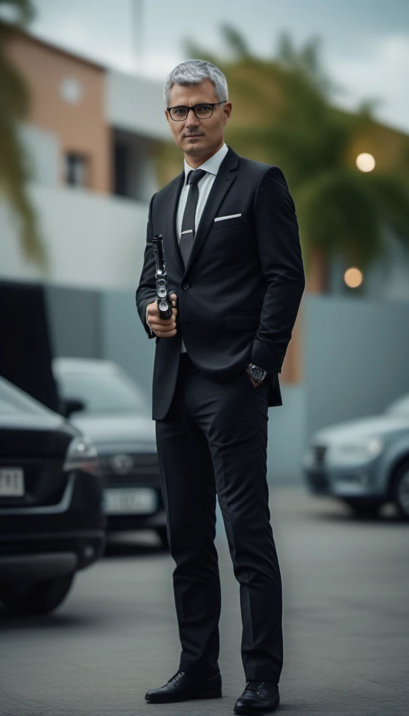 cinematic photo cinematic photo a full body portrait of man, glasses, short grey hair,   detailed eyes, detailed skin, black suit and tie, holds a gun, hand in pants pocket<lora:YusufDikec1024:0.8> . 35mm photograph, film, bokeh, professional, 4k, highly detailed . 35mm photograph, film, bokeh, professional, 4k, highly detailed