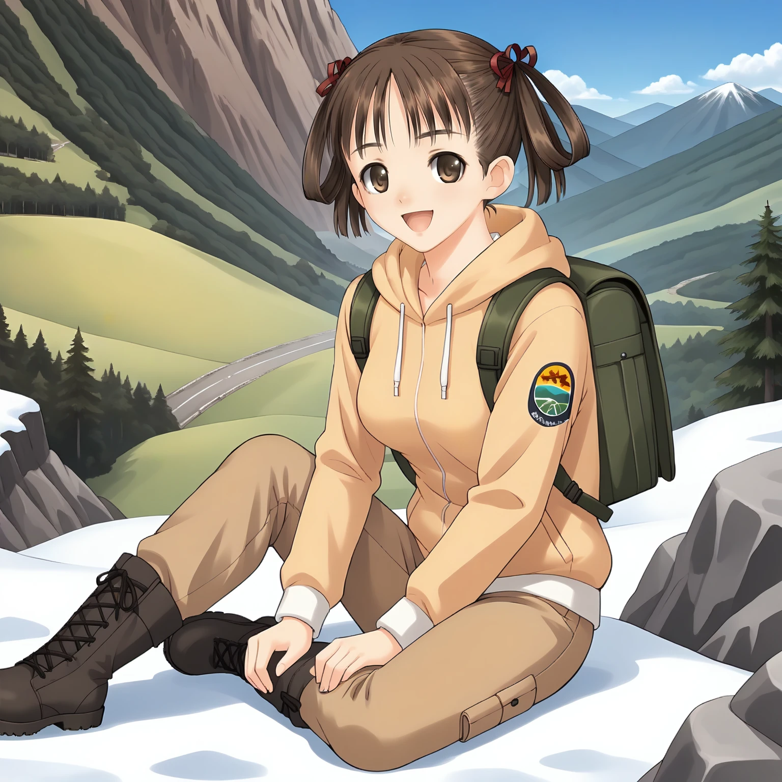 <lora:SnIMnI_NatsumeSorayamaXLpony003>,
looking at viewer,smile,open mouth,
solo,
NatsumeSorayama,1girl,brown hair,hairrings,hair ribbon,twintails,brown eyes,
medium breasts,
outdoors,mountain climbing,mountain,sky,cloud,
full body,sitting,
winter_clothes,hoodie,down_jacket,cargo_pants,boots,backpack,