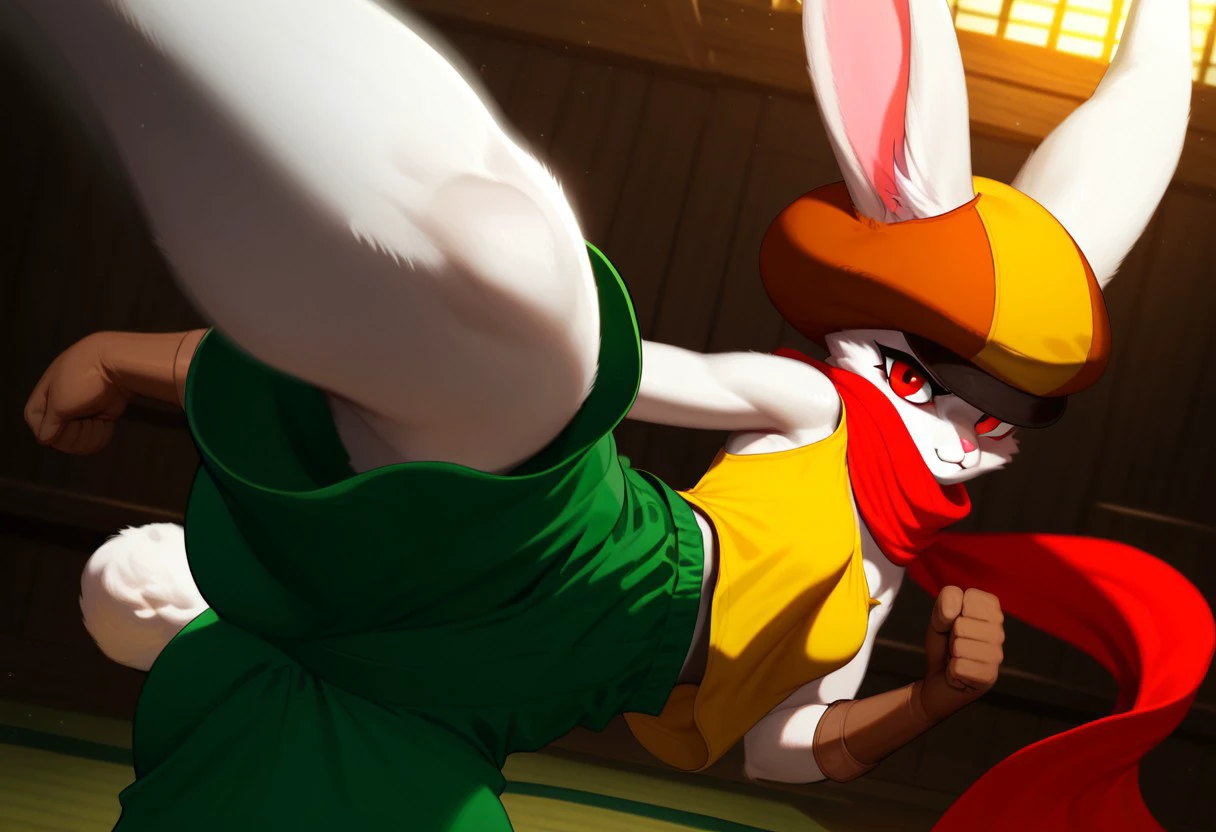 score_9, score_8_up, score_7_up, 1girl, solo,  Expressiveh, (Sorrel, Sorrel, bunny girl, furry, anthro, headwear, orange and brown cap, hat, bunny ears, red eyes, pink nose, red scarf, yellow shirt, green shorts, brown gloves), female focus, dojo, indoors, morning, (kicking, kicking at viewer), detailed background, 4k, masterpiece, best quality, highly detailed, realistic