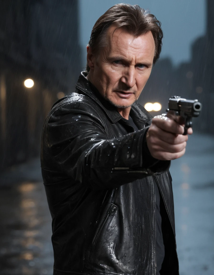 Actor Liam Neeson, dressed in a leather jacket, stands in a dramatic pose with a gun in his right hand, pointed towards the camera, His serious expression reflects the intensity of the scene, The background is dark and rainy, with raindrops falling from the sky, The lighting features a spotlight shining on Neeson, casting his figure in sharp relief against the gloomy backdrop, drawing the viewer's attention directly to him,