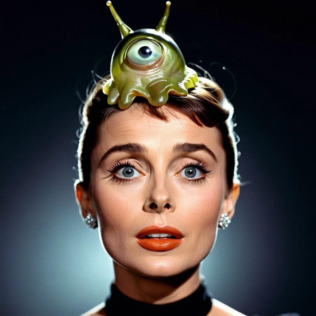 cinematic still studio portrait, 
Audrey Hepburn,  dumbfounded,
person wearing  (brainslug alien hat:1.4) on side of head, candid pose,   (cross-eyed:1.5), round iris, sorrowful face, perfect eyes,
black gradient background,  (tenebrism:2.0),  halo, high contrast,
 <lora:BrainSlug_Alien_Hat_XL_V2.2:0.75> . emotional, harmonious, vignette, highly detailed, high budget, bokeh, cinemascope, moody, epic, gorgeous, film grain, grainy