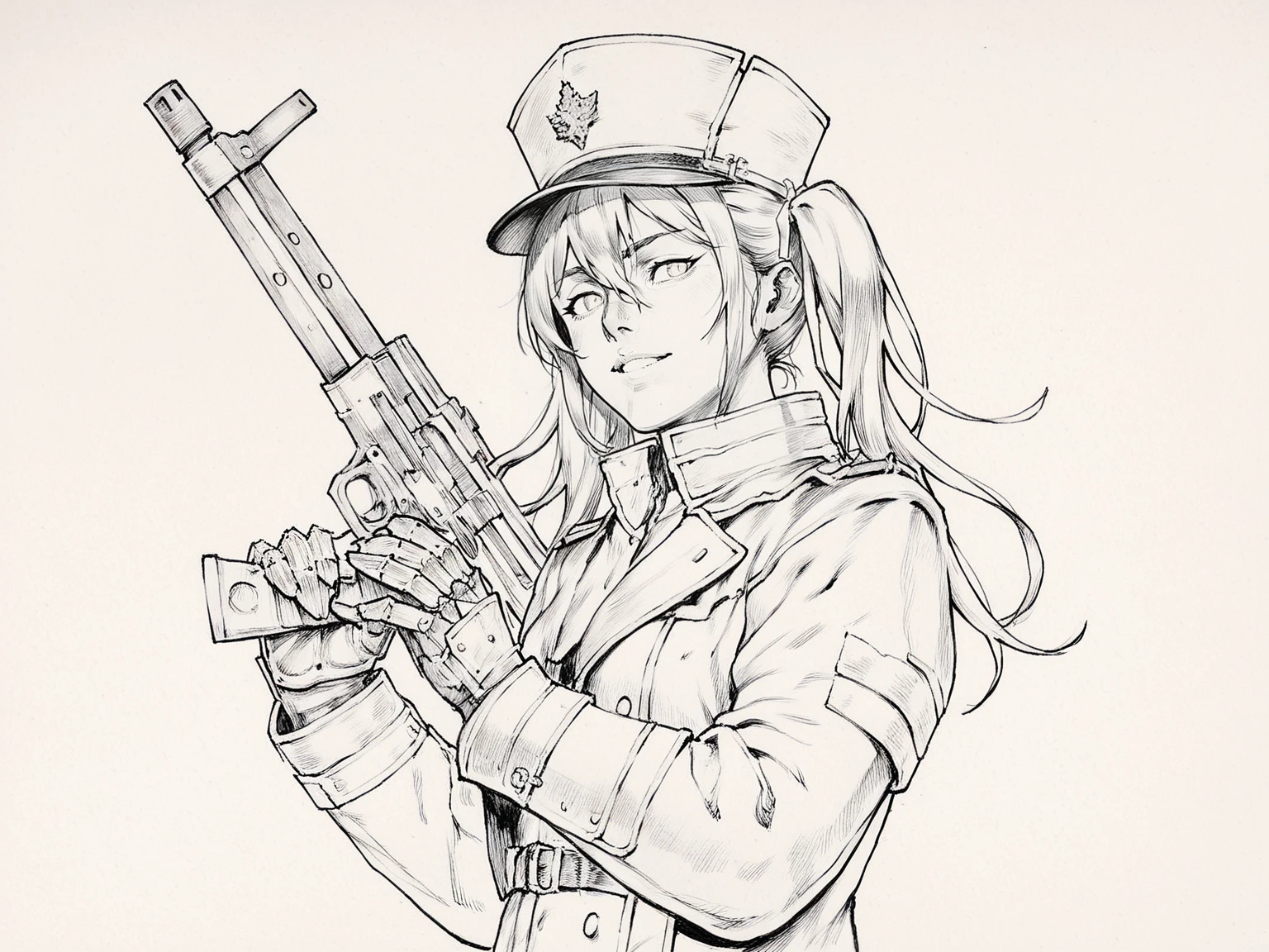 1girl black_coat coat crossed_bangs epaulettes gauntlets greyscale gun hair_between_eyes hair_ribbon hat high_collar holding holding_gun holding_sword holding_weapon lion_head_(ornament) long_bangs long_hair looking_at_viewer military_uniform monochrome partially_shaded_face ppsh-41 ribbon shako_cap sidelocks smile solo square_pupils submachine_gun sword twintails uniform very_long_hair weapon white_background, <lora:MUZHUR:0.8>, score_8_up, score_7_up, monochrome, greyscale, traditional media