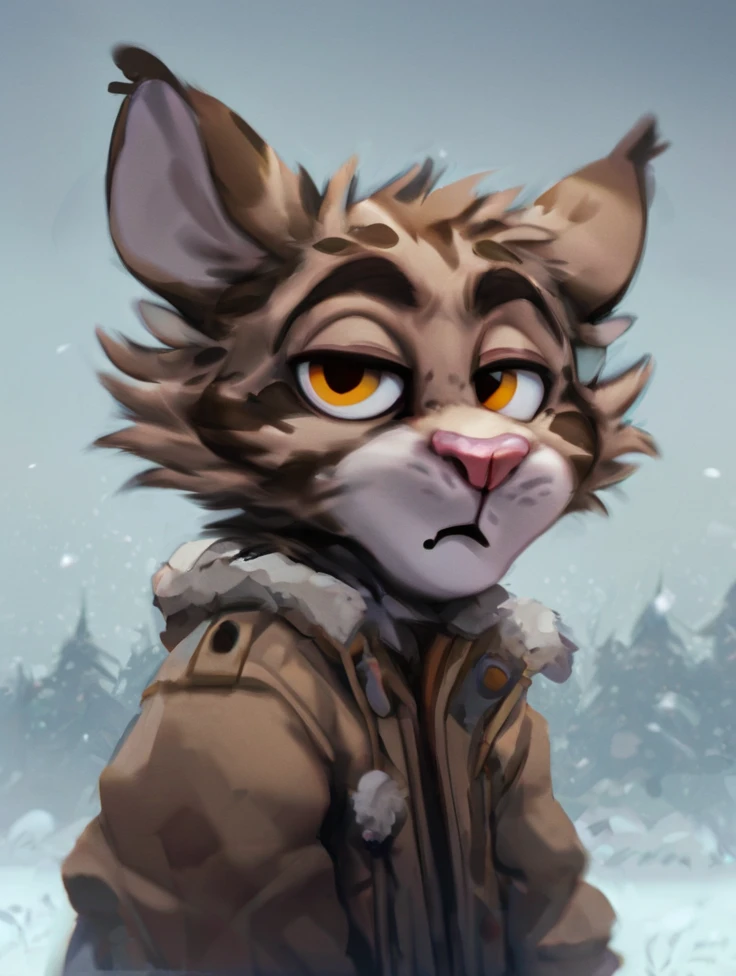 source_furry,  Brown furred cat wearing a puffy jacket, looking at viewer, cat ears, orange eyes, pink nose, unamused look, grey sky, snowing, a bit of snow on head and jacket, <lora:Test 1:1>, score_9, score_8_up, score_7_up,