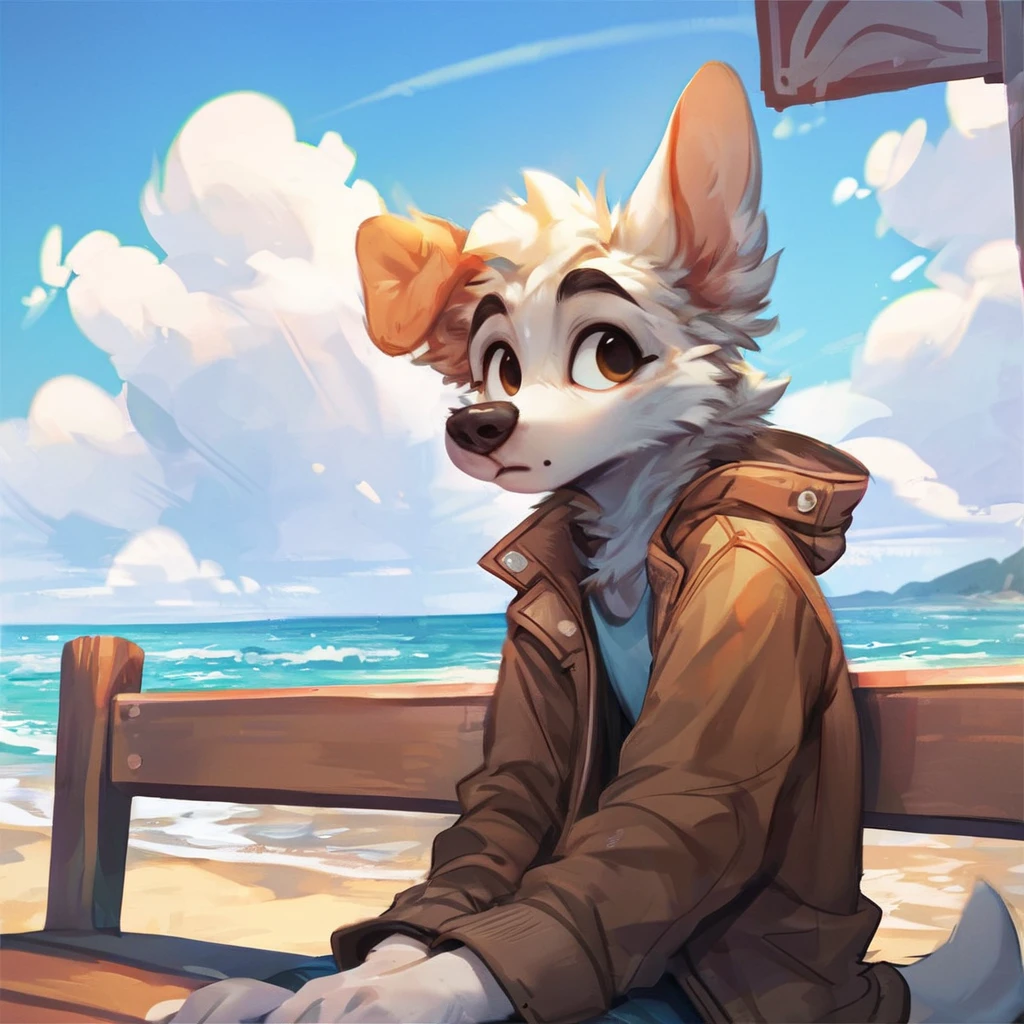 source_furry,  a yellow and white dog wearing a brown jacket sitting on a bench, ocean in background, sunny, day, blue sky, <lora:Test 1:0.7>, score_9, score_8_up, score_7_up,