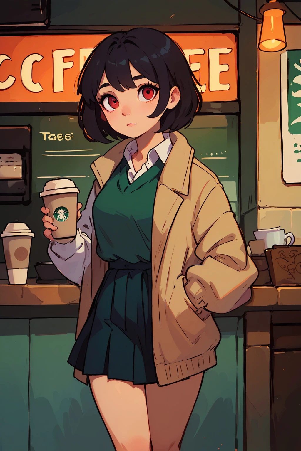 PDXL, 1girl, cute face, detailed eyes, 
short black  hair,
 red eyes, ,
school uniform, 
drinking coffee at a coffee shop