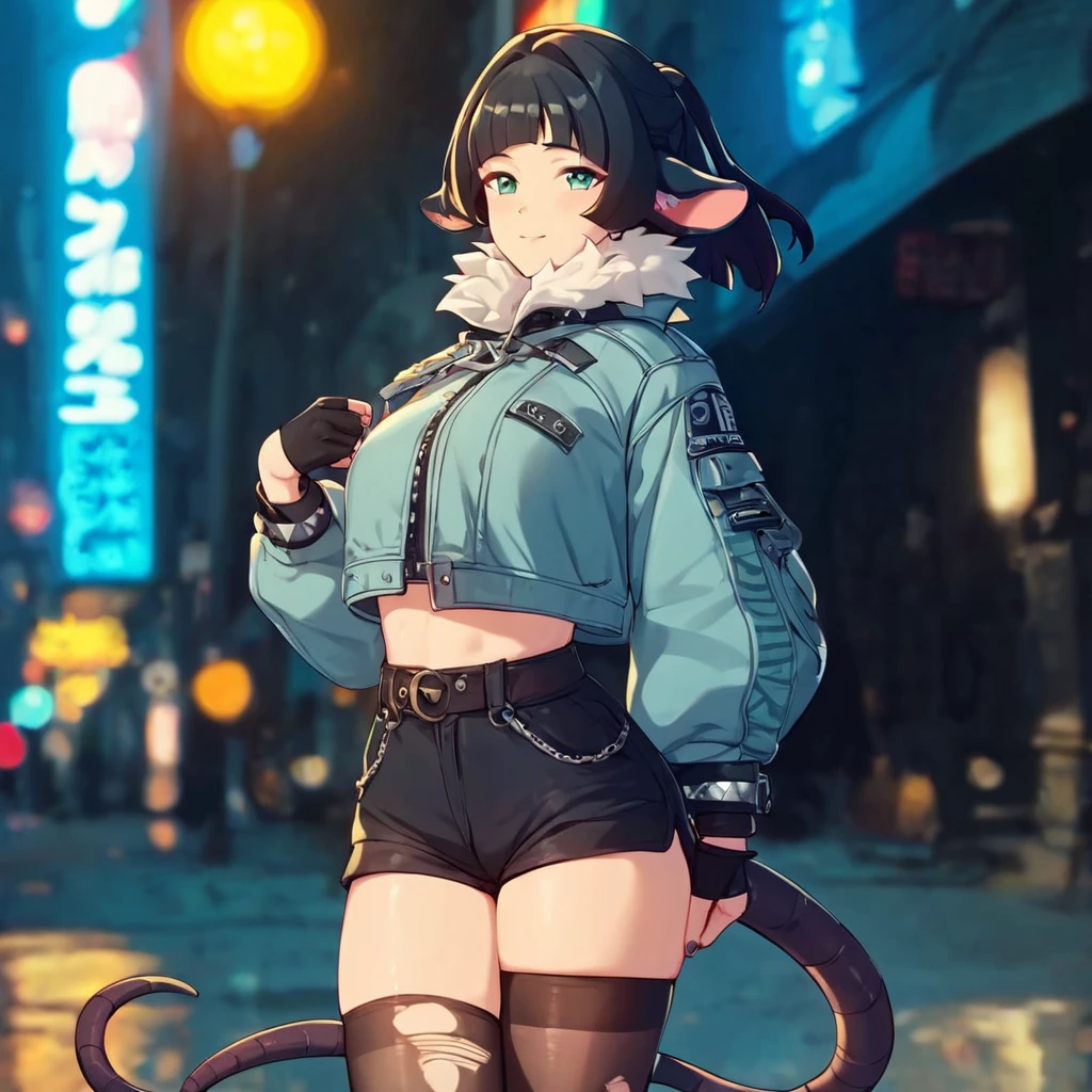 score_9, score_8_up, score_7_up, score_6_up,score_5_up, score_4_up,1girl,cute,jane_doe_zzz, dark hair,black shorts,rat ears,green eyes,peach skin color,long dark hair ponytail red towards the ends,rat tail,dark green aquamarine jacket with fur,torn tights,night street, <lora:janeZZZ-000002:1>,dynamic  light