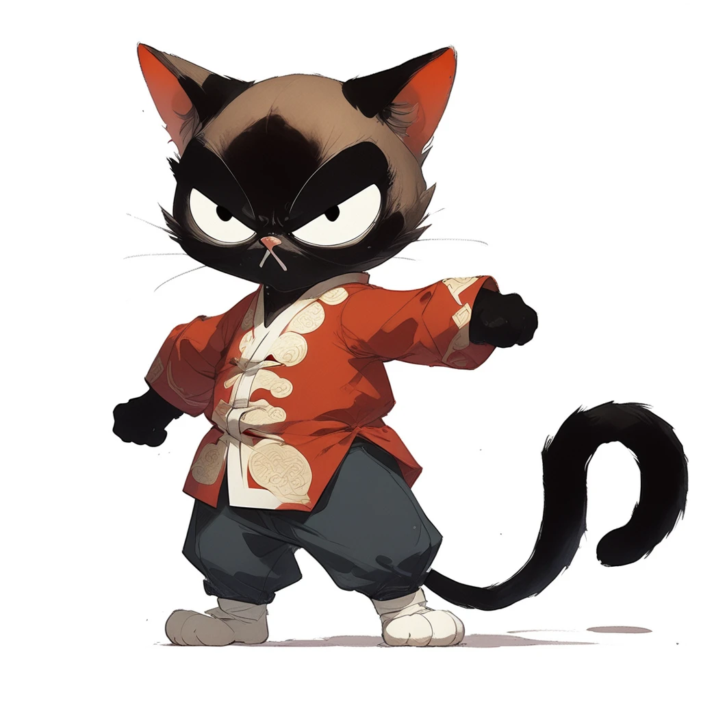 <lora:catsXL_1img_test3:1>,anthropomorphic cat character,black cat,solo,white background,standing,red chinese clothes,black pants,white footwear,front view,open mouth,angry,furrowed brow,