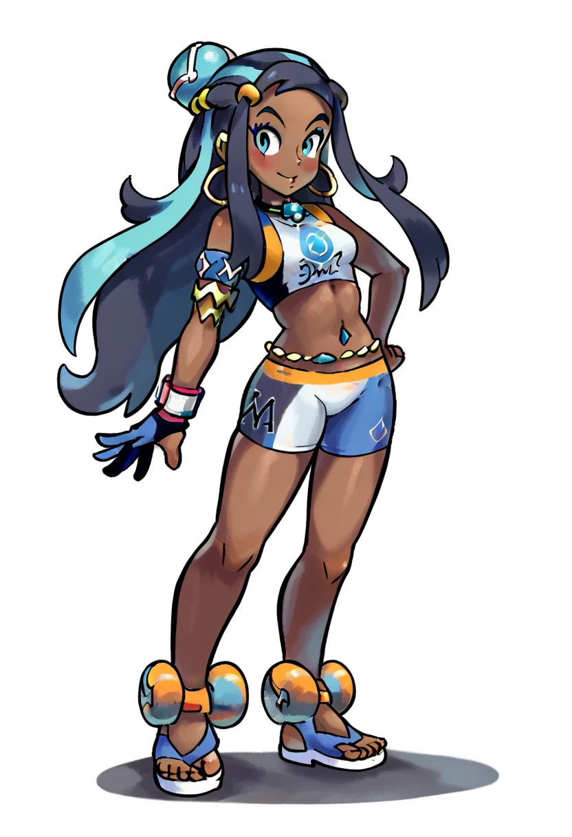 <lora:MarioLuigiStyle-PDXL-10:1.3> score_9, score_8_up, score_7_up, BREAK 1girl, nessa (pokemon), dark-skinned female, solo, black eyes, looking at viewer, full body, simple background, white background