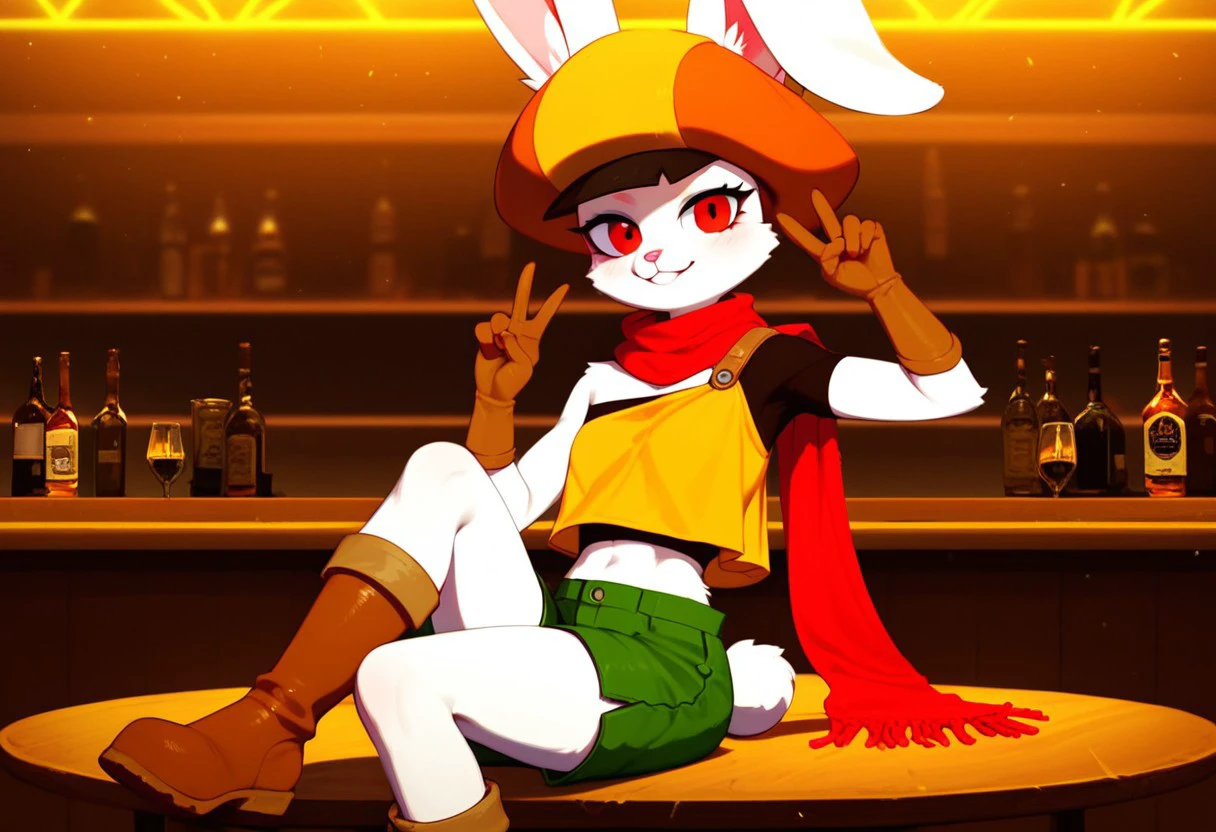 score_9, score_8_up, score_7_up, 1girl, solo,  Expressiveh, (Sorrel, Sorrel, bunny girl, furry, anthro, headwear, orange and brown cap, hat, bunny ears, red eyes, pink nose, red scarf, yellow shirt, green shorts, brown gloves, brown boots), female focus, sitting, table, bar, alcohol, night club, (peace sign), looking at viewer, close-up, detailed background, 4k, masterpiece, best quality, highly detailed, realistic