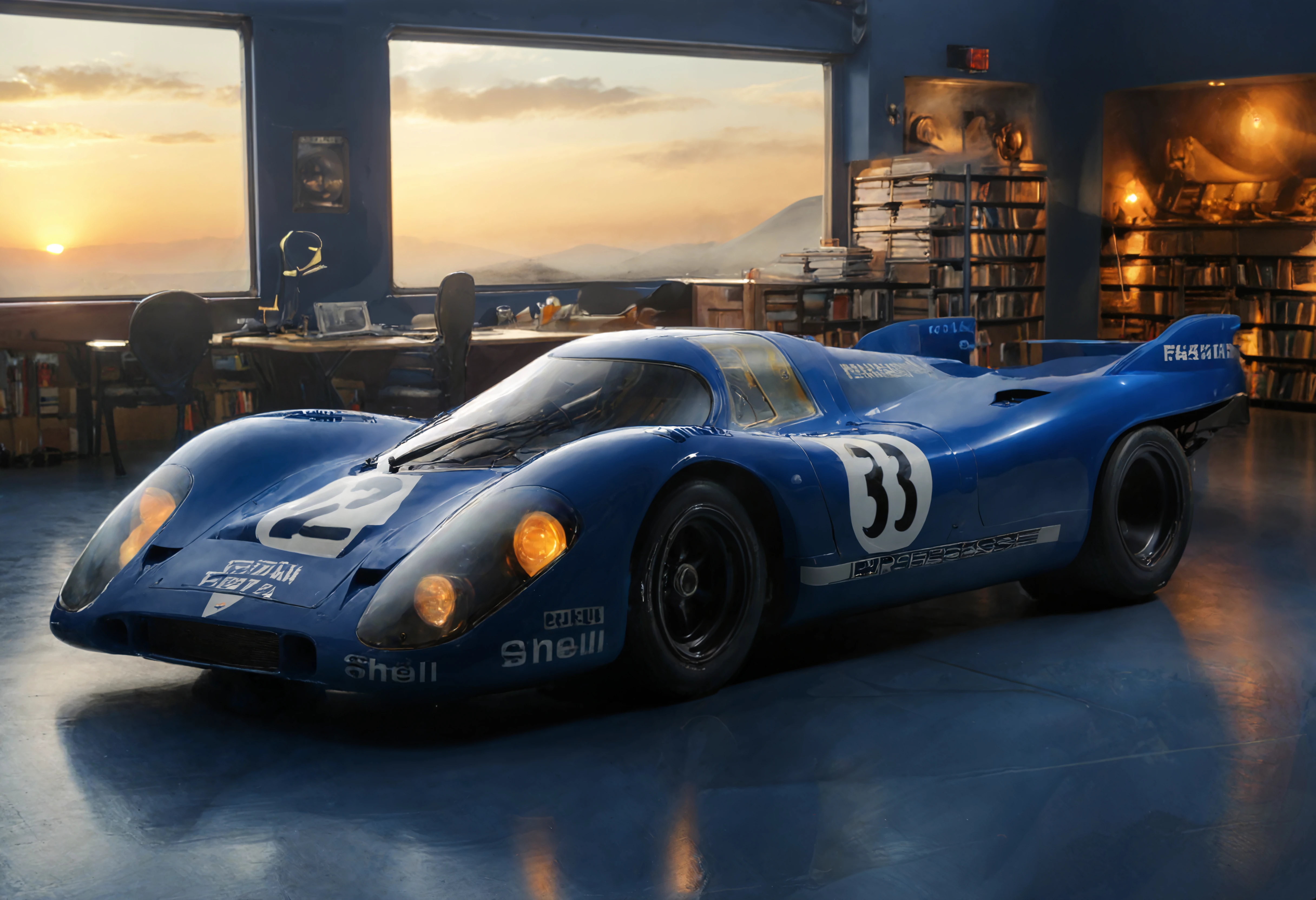 a photograph of a sports car, p0rsche9l7xl,     Sunrise: A new day dawning with soft hues, symbolizing hope, renewal, and fresh beginnings., Sapphire Blue, front 3/4 view , A quiet, candlelit library filled with old books., dark, low-key,   low color saturation, concept art, perfect composition, masterpiece, professional photography, zeiss lens, shot on dslr 64 megapixels, sharp focus, intricately detailed, dramatic, tilt shift, f/32,