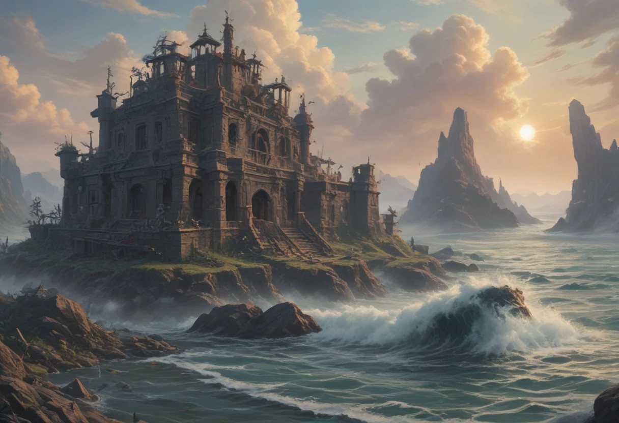 1. Epic Landscape:
Raging Sea: Huge waves crash into coastal cliffs, submerging forests and cities. The sky is dark and gray with flashes of lightning. In the distance you can see sinking ships and people struggling to survive.
Sunken Cities: An underwater city, once bustling and colorful, is now in ruins. Fish swim among the remains of buildings, and algae covers statues and columns. The sun's rays flash across the water, casting ghostly shadows.
Noah's Ark: A huge wooden ark floats in the endless sea, the only oasis in the watery wasteland. The waves crash against his sides, but he remains steadfast, a symbol of hope for a new beginning.
A family fighting for survival: A group of people hold hands, struggling to hold on to a piece of wood amid raging waters. Their faces are contorted with fear and despair, but there is also a determination to survive in their eyes.
Man Looking Out at Destruction: A lone man stands on a hill overlooking a devastated landscape. His town is under water and his family and friends are gone. In his eyes you can see sorrow and hopelessness, but also the will to live.
Dove Dropping an Olive Branch: A white dove flies over the water carrying an olive branch in its beak. It is a symbol of hope for peace and a new beginning after the devastation of the flood.
Water Consuming Everything: A wave crashes over land, engulfing everything in its path. It can symbolize the power of nature, the inevitability of change, or the destructive power of humanity.