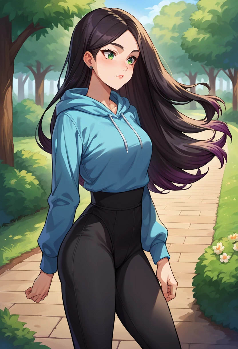 score_9, score_8_up, source_anime, 1girl, solo, Claudia, black hair, gradient hair, long hair, green eyes, earrings, outdoors, park, blue hoodie, high-waist pants, yoga pants, black pants, light blush, <lora:ChamClaudiaPonyXL:1>