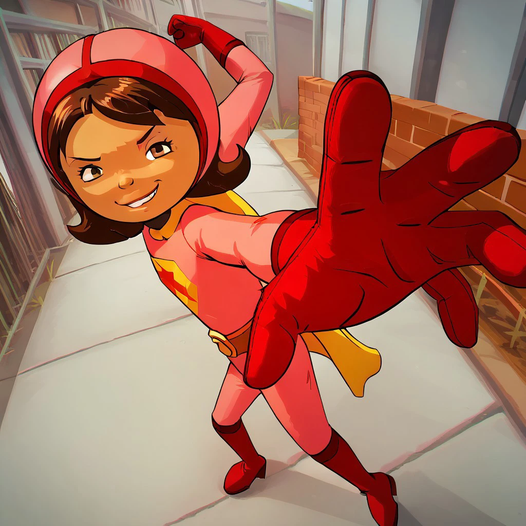 score_9, score_8_up, score_7, BREAK, solo, female child, wordgirl, brown hair, dark skin, bodysuit, gloves, belt, boots, smirk, IncrsPunchMeme