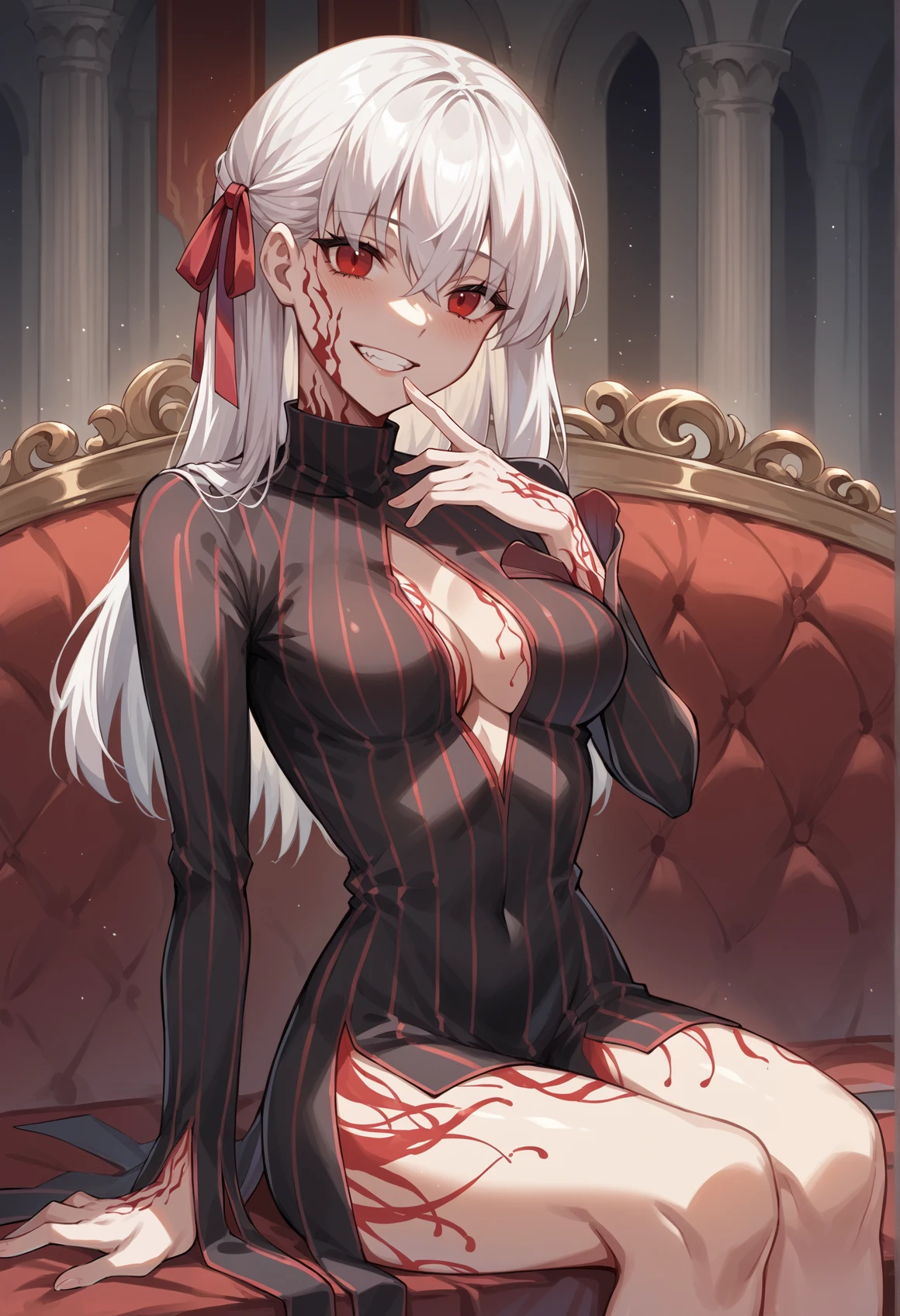 1girl, alcohol, arm under breasts, bangs, black jacket, black necktie, black pants, black suit, black tail, blunt bangs, business suit, collared shirt, cup, demon girl, demon horns, demon tail, drinking glass, formal, gloves, holding, holding cup, horns, jacket, large breasts, long hair, long sleeves, looking at viewer, lucifer \(helltaker\), mole under eye, necktie, pants, red eyes, red shirt, shirt, smile, solo, suit, tail, white gloves, white hair, white horns, wine, wine glass,(masterpiece:1.4),(best quality:1.4),(shiny skin)