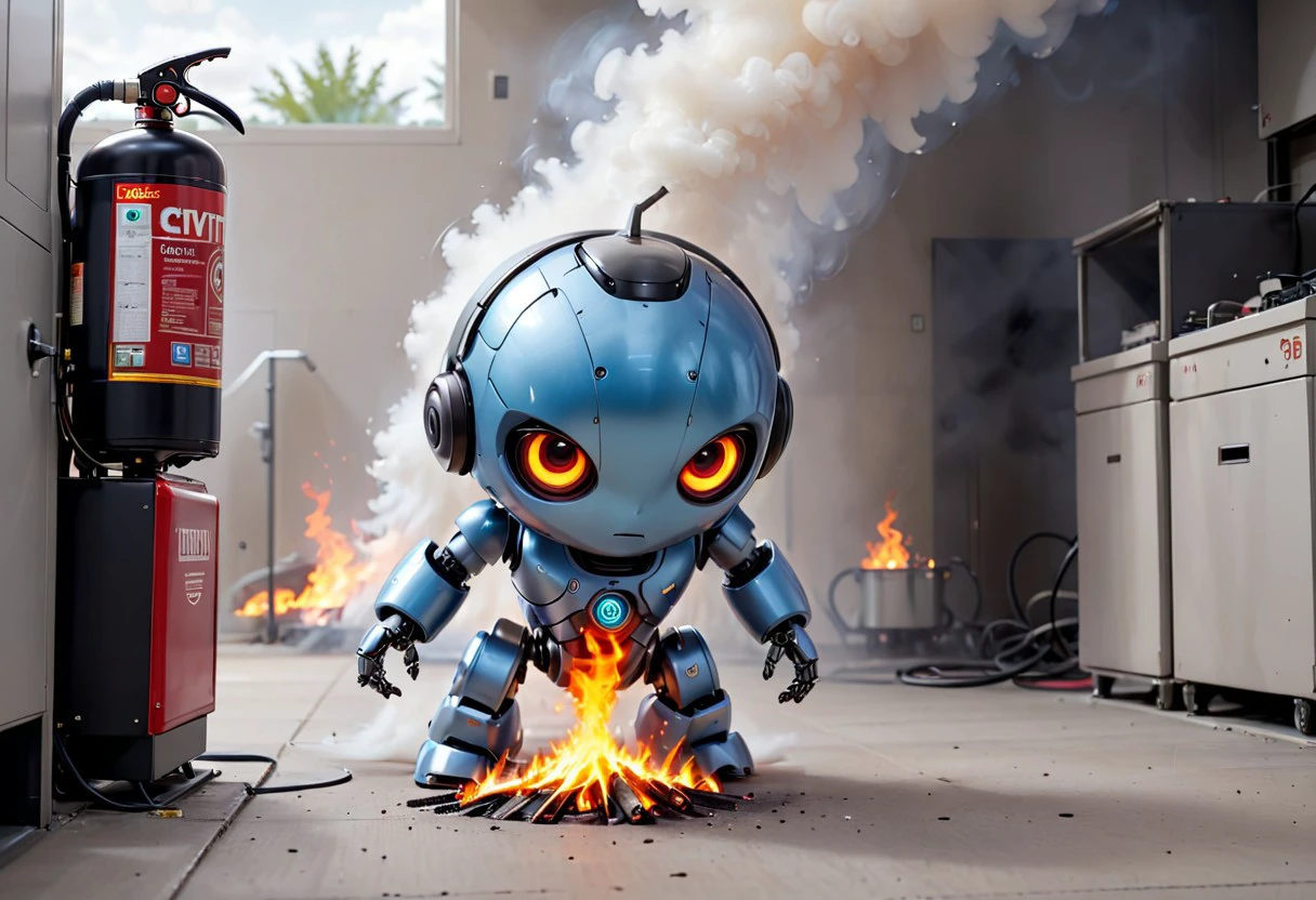 generation of ultra high quality photo with high resolution and sharp focus on theme ((burning computer servers)) of AI and the little robot civitay put out with a fire extinguisher and a caption above the robot's head help i'm fried comic book style