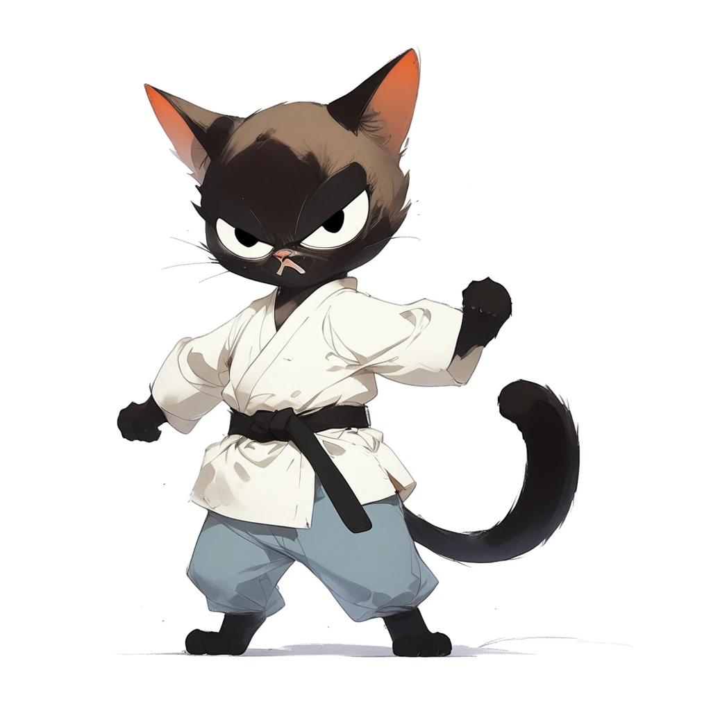 <lora:catsXL_1img_test3:1>,anthropomorphic cat character,black cat,solo,white background,standing,white chinese clothes,black belt,light blue pants,barefoot,front view,open mouth,angry,furrowed brow,