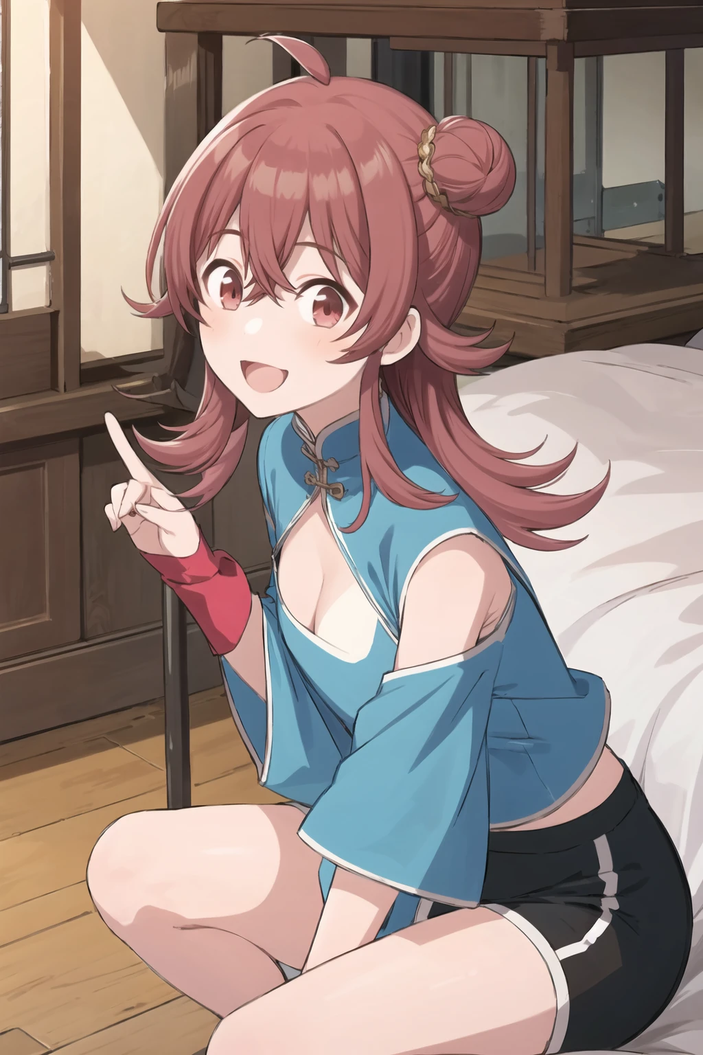 k_komiya, 1girl, long hair, looking at viewer, ahoge, red eyes, red hair, bangs, hair between eyes, blue shirt,blush,bun cover,chinese clothes,cleavage cutout,clothing cutout,collarbone,crop top,cropped shirt,detached sleeves,dot nose,double bun,from side,hair bun,long sleeves,open mouth,orange sleeves,shirt,short sleeves,indoor,sitting,sleeves past fingers,sleeves past wrists,smile,solo,two-tone shorts,wide sleeves<lora:k_komiya:1>