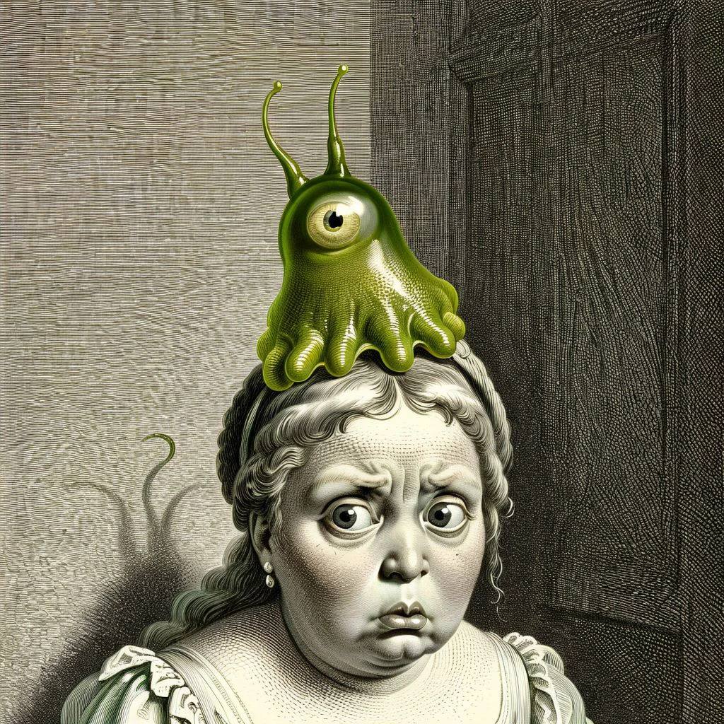 illustration in gustavedore style, by gustave dore, gustavedore detailed style, gustavedore composition style, Serena Williams   ,  dumbfounded,
person wearing jelly green  (brainslug alien hat:1.2) on head, candid pose,   (cross-eyed:1.5), round iris, fearful face, perfect eyes,
Disturbing, haunted nursery , 
 <lora:BrainSlug_Alien_Hat_XL_V2.2:0.9> <lora:GustaveDore_StyleXLv6.1:0.6>