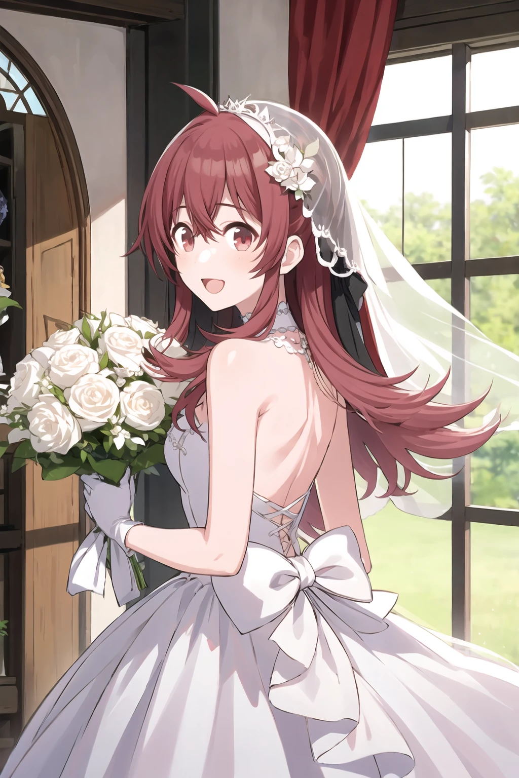 k_komiya, 1girl, long hair, ahoge, red eyes, red hair, bangs, hair between eyes, back bow,blurry,blurry background,blush,bouquet,bow,curtains,day,dress,flower,frilled dress,frills,gloves,holding,holding bouquet,indoors,jewelry,looking at viewer,necklace,open mouth,rose,smile,solo,tiara,veil,wedding dress,white dress,white gloves,window<lora:k_komiya:1>