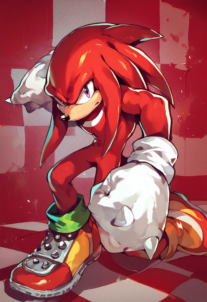 score_9, score_8_up, score_7_up, score_6_up, knuckles the echidna, solo, male, red checkered background, gloves, shoes, action pose