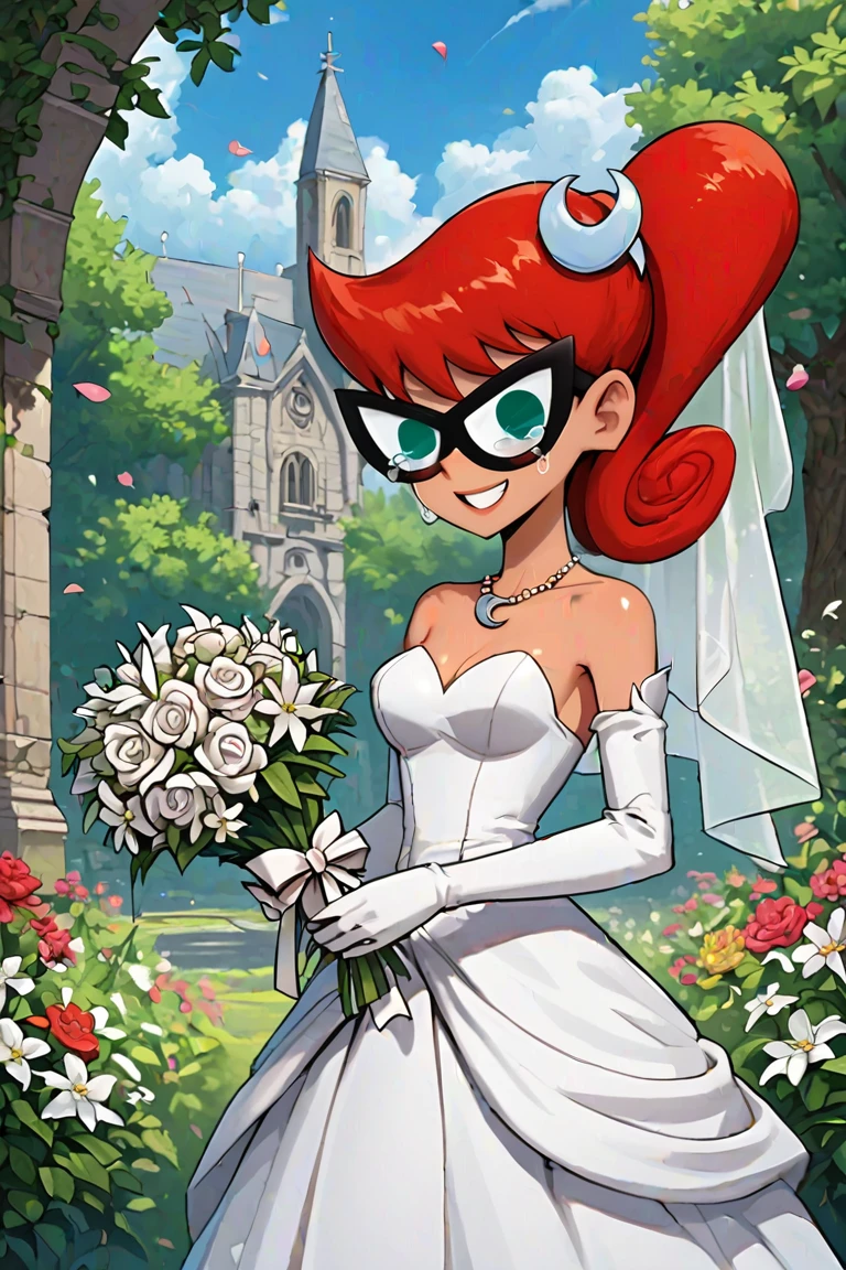 score_9, score_8_up, score_7_up, score_cartoon
break,
Mary_Test, red hair,aqua eyes, glasses, long hair, ponytail, mask, crescent 
break
 wedding dress, breasts, flower, solo, dress, gloves, open mouth,smile, grin,crying, holding bouquet,white dress, elbow gloves, collarbone, hair ornament, hair flower, white flower, veil, bridal veil, necklace, white gloves, bangs, jewelry, outdoors, blush, day, petals, sky, shiny hair, off shoulder, shiny, blue sky, church, bare shoulders, off-shoulder dress,garden,cowboy shot,closed eyes, crying, tears,beautiful forest, flowers background, shiny skin, glossy skin, detailed skin