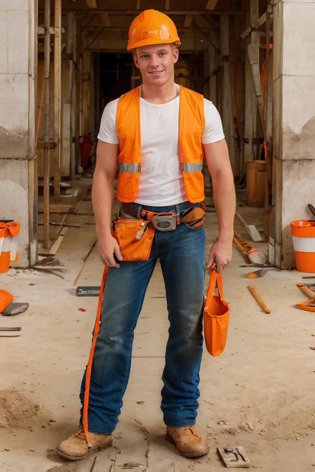 building under construction, smiling, ginger hair, ConnorChesney is constructionworker,  (white undershirt:1.2), orange vest, denim blue jeans pants, orange helmet, belt,  (((full body portrait))), wide angle <lora:ConnorChesney:0.8>  <lora:Clothing - Sexy Construction Worker:0.60>