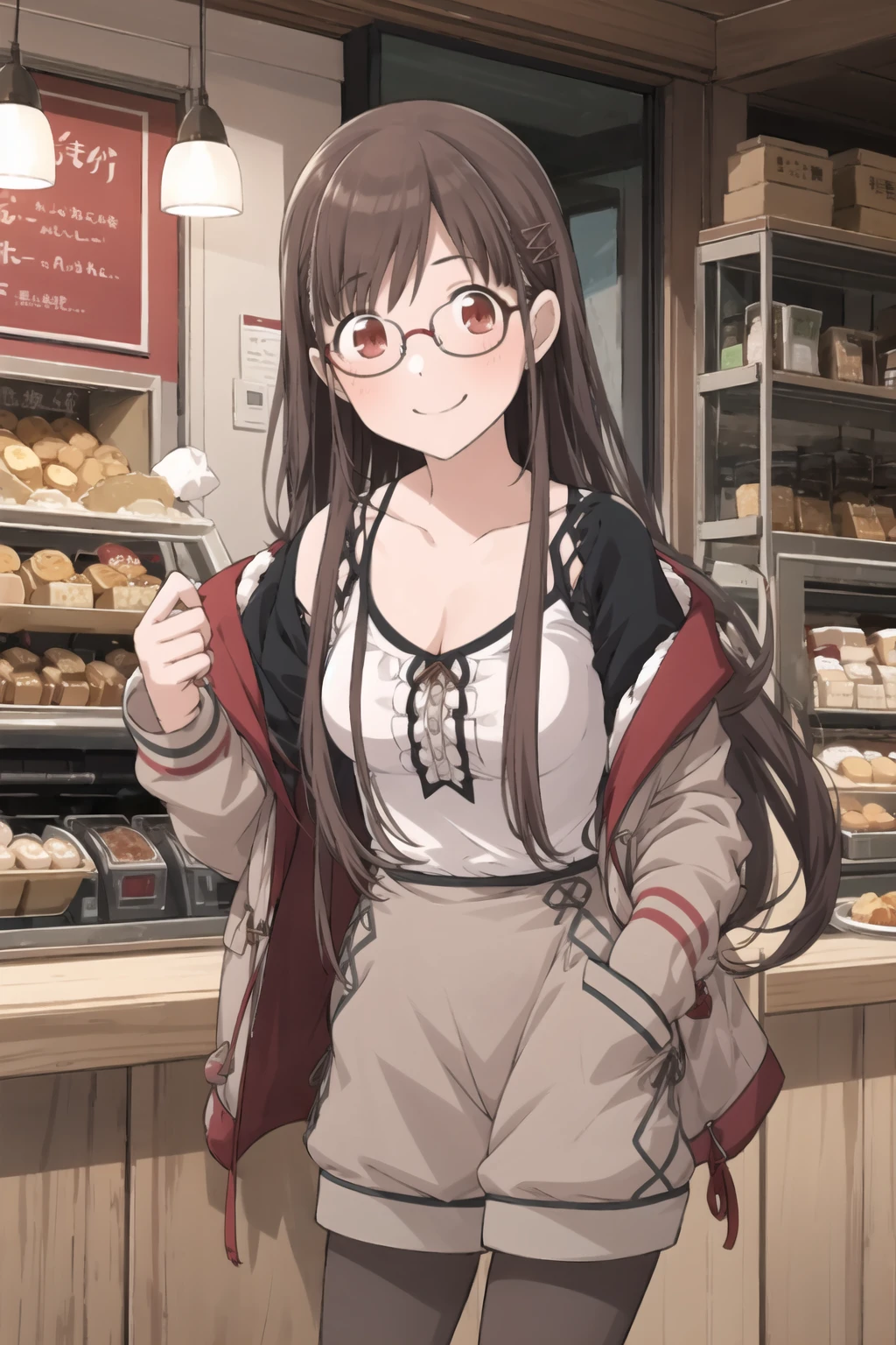 c_sonoda, 1girl, smile, red eyes, brown eyes, brown hair, long hair, bangs, hair ornament, indoor, cafe, hairclip, blush, pantyhose, jacket, collarbone, shirt, open clothes, long sleeves, shorts, glasses<lora:c_sonoda:1>