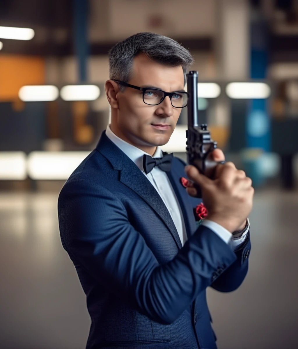 cinematic photo cinematic photo a full body portrait of man, glasses,  detailed eyes, detailed skin, black suit, bowtie, hold a gun, poses like james bond, olypic games background<lora:YusufDikec1024:0.8> . 35mm photograph, film, bokeh, professional, 4k, highly detailed . 35mm photograph, film, bokeh, professional, 4k, highly detailed