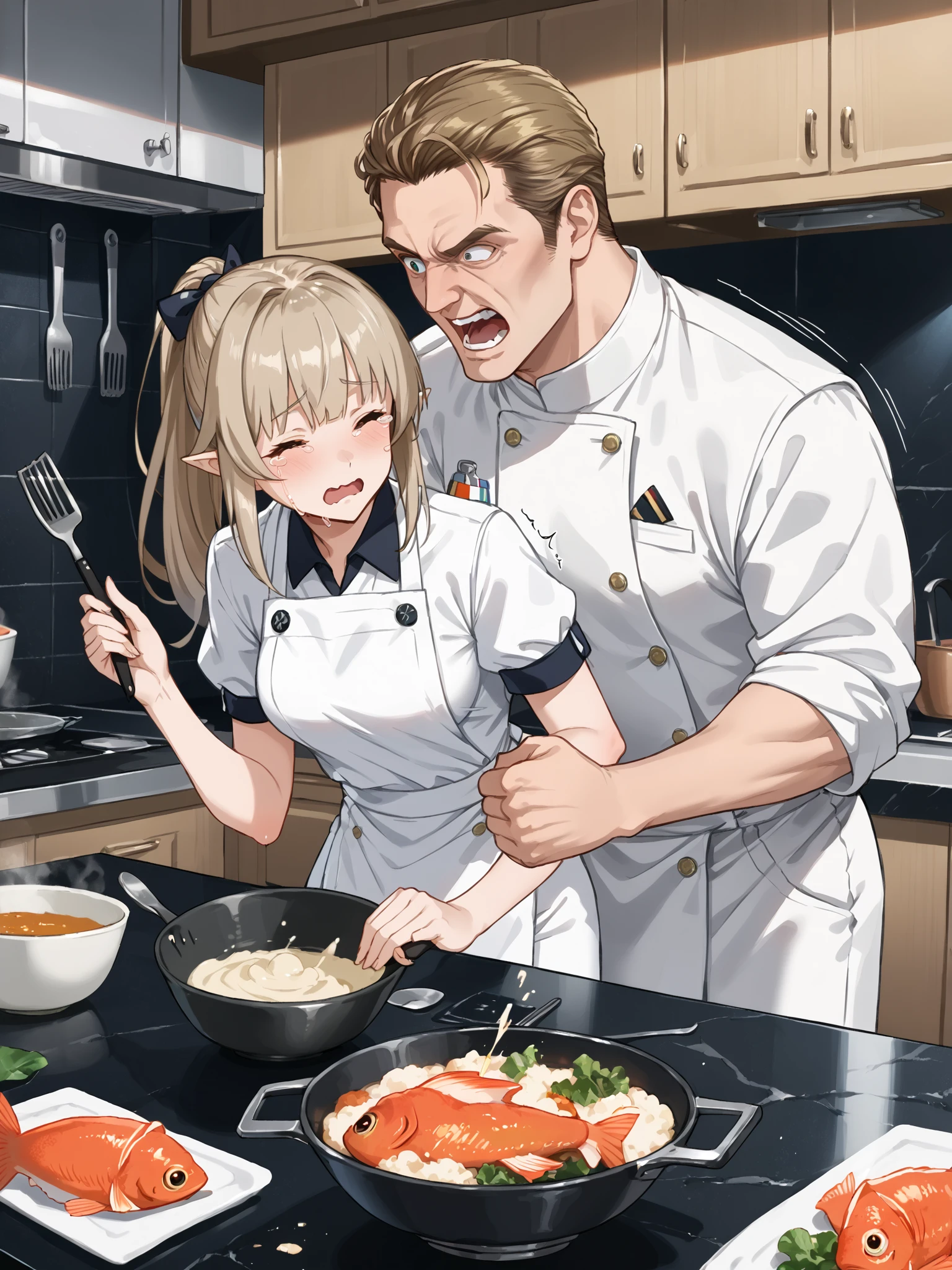 score_9, score_8_up, score_7_up, source_anime, (detailed eyes, eye shine:1.5), (science fiction, futuristic:1.5), (size difference, height difference, kitchen, preparing food, cooking, utensils:1.3), 2people, (eye contact, looking at each other:1.5), (upper body, closeup, giant fish:1.5), FCSEP
1girl, <lora:PSO2NGS_Manon_Pony_v1:0.5>, (ngsmanon:1.5), aqua eyes, chef hat, (ponytail:1.5), light brown hair, bangs, long hair, (chef outfit, apron:1.5), pointy ears, (thin waist, wide hips:1.5), (long legs:1.5), (wavy mouth, open mouth:1.5), (cooking, crying, eyes closed, running away:1.5), holding spatula, FCSEP
1boy, (tall man, gordon ramsay, white clothing, chef uniform, chef outfit, yelling, screaming, angry, furious, big nose, menacing, threatening, wrinkles, constricted pupils, leaning forward:1.8), (light blonde hair:1.5), (forehead, spiky bangs, spiky hair:1.5), spitting saliva, (rolled-up sleeves, shaking fist, looking down:1.5)