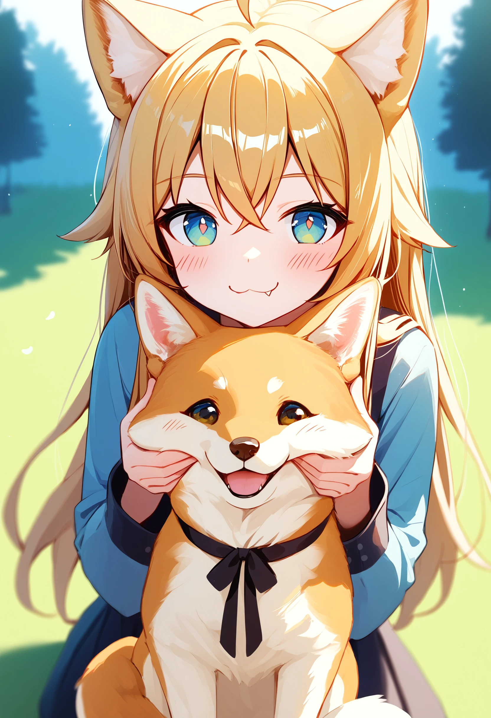 shiba inu, 1girl, animal ears, dog, animal ear fluff, cheek pinching, blonde hair, looking at viewer, pinching, fang, long sleeves, animal, blush, cheek pull, long hair, smile, solo, ahoge, :3, hair between eyes, holding dog, outdoors, 
absurdres, score_9, score_8_up, score_7_up, score_6_up, best quality, masterpiece, very aesthetic <lora:dog_girl_concepts_v1.2:1>