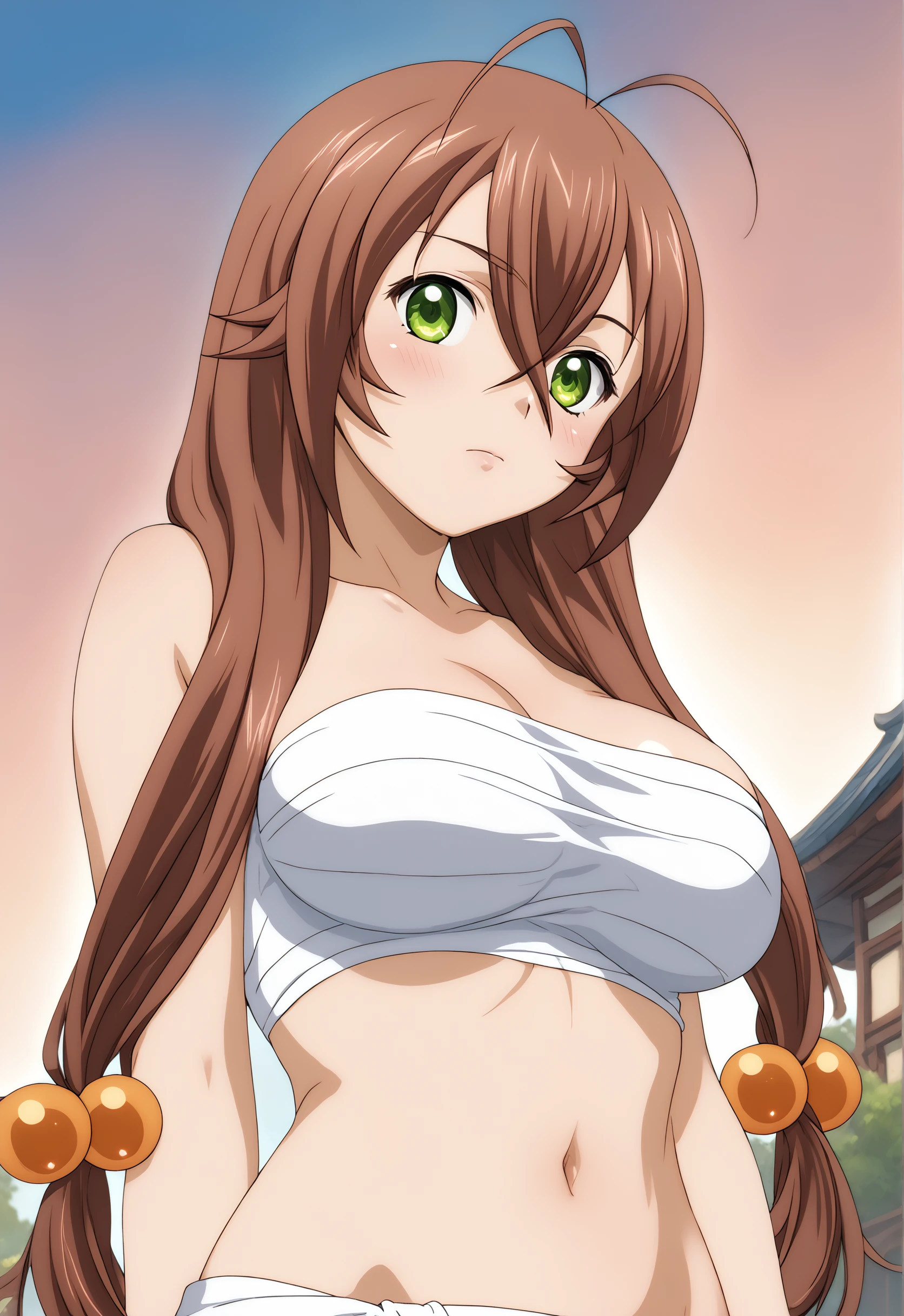 score_9, score_8_up, score_7_up, source_anime, 1girl, solo, outdoors, <lora:Ryuubipony_V01:1> Ryuubipony, long hair, brown hair, green eyes, hair between eyes, hair bobbles,large breasts, sexy, glamor, anime screencap, cowboy shot, dutch angle, closed mouth, big eyes, sarashi, chest sarashi, upper body, bare shoulders, navel, serious,  <lora:SarashiFundoshiDwnsty:1>,
<lora:vivid_everclear:0.1> <lora:flat_sdxl:-0.4> <lora:Fixhands_anime_bdsqlsz_V1:1>