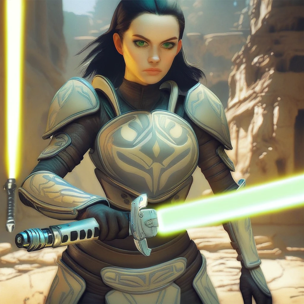 score_9, score_8_up, score_7_up, padawan exile armor, swtor, weapon, sword, lightsaber, armor, energy sword, ruins, holding, waist up, portrait, face focus, green eye, black hair, female focus, realistic