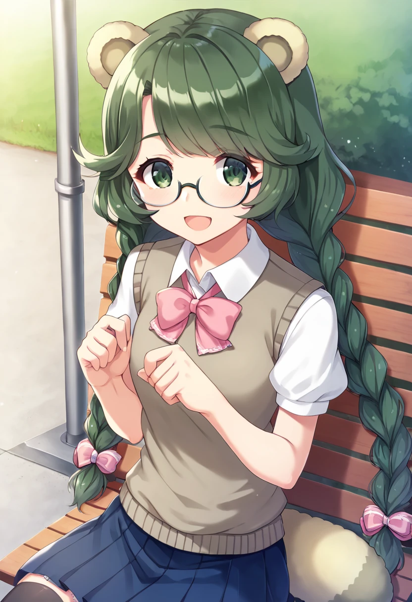 score_9,score_8_up,score_7_up,source_anime,masterpiece,best quality,game cg,1girl,solo,little_girl,sunset,pokoe_(show_by_rock!!),animal ears,green eyes,twin braids,glasses,long hair,green hair,raccoon tail,school uniform,short sleeves,shirt,sweater vest,pink bow,black thighhighs,<lora:pokoeSB69:1>,dynamic_angle,smile,looking_at_viewer,countryside,sitting_on_chair,park,open mouth,