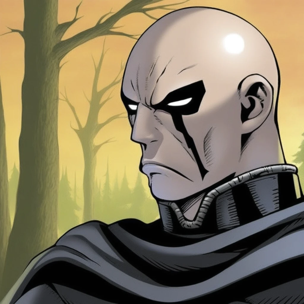 darth bane,  starwars, male focus, solo, 1boy, bald, cape, no pupils, upper body, tree, anime coloring, profile