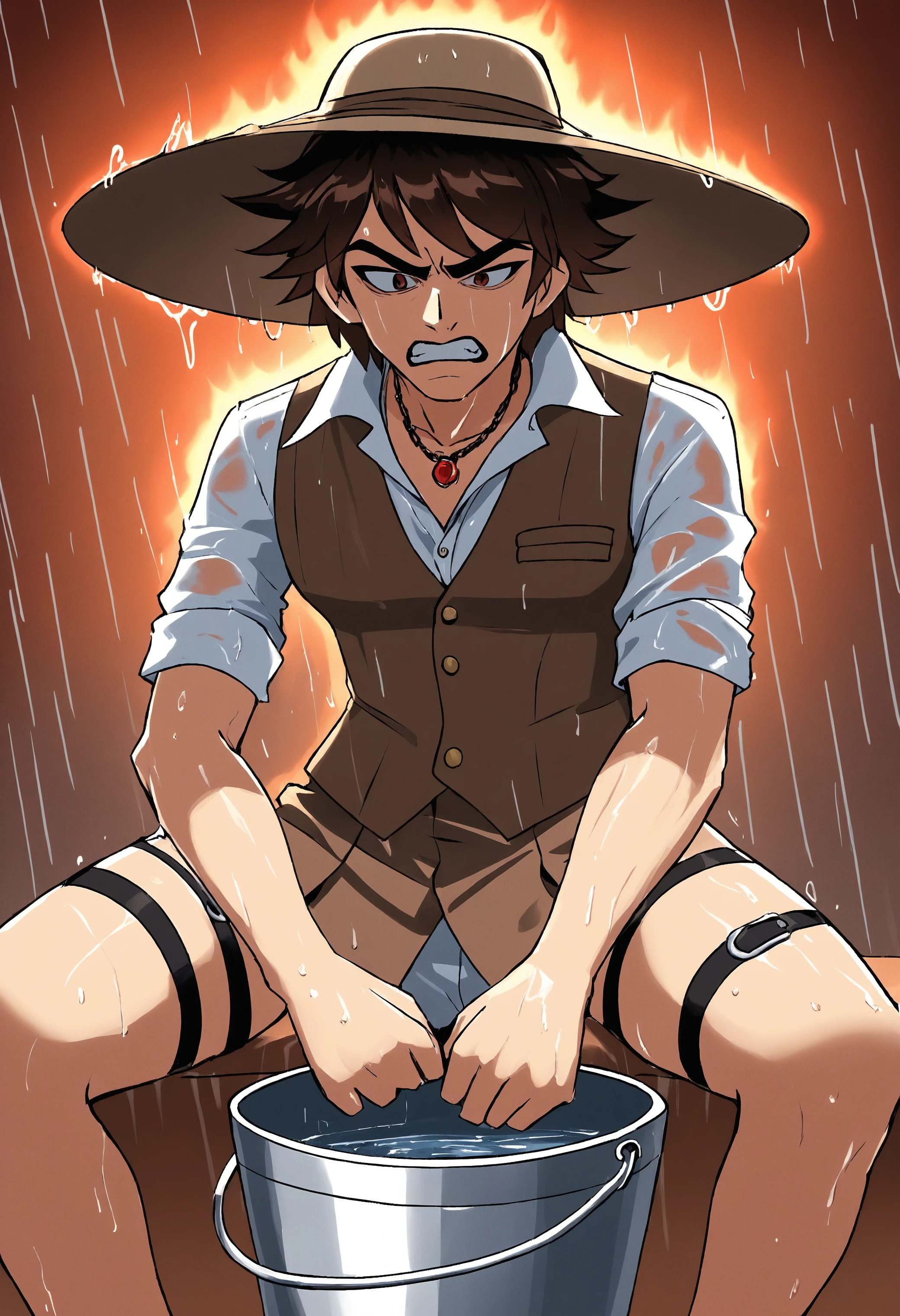 Mullet, Trench Vest, Silk Cami, Garter Belt, Bucket Hat, Statement Necklace, Outrage, indignation, fury, wrath, Flare the nostrils, bare the teeth, and clench the fists, 1boy, solo, sitting, wet clothes, wet, puddles, rain, looking down, brown hair