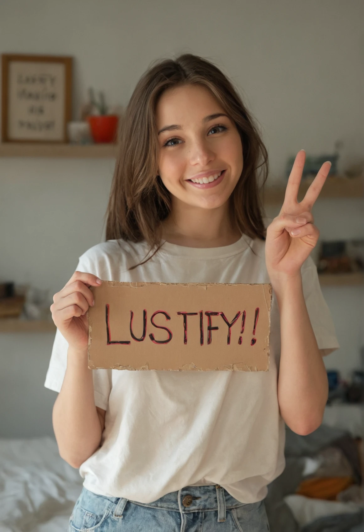 photo of a cute 20 years old woman holding a cardboard sign with stylized text "LUSTIFY!" with one hand, and showing peace gesture with the other hand. You can see a messy bedroom behind her