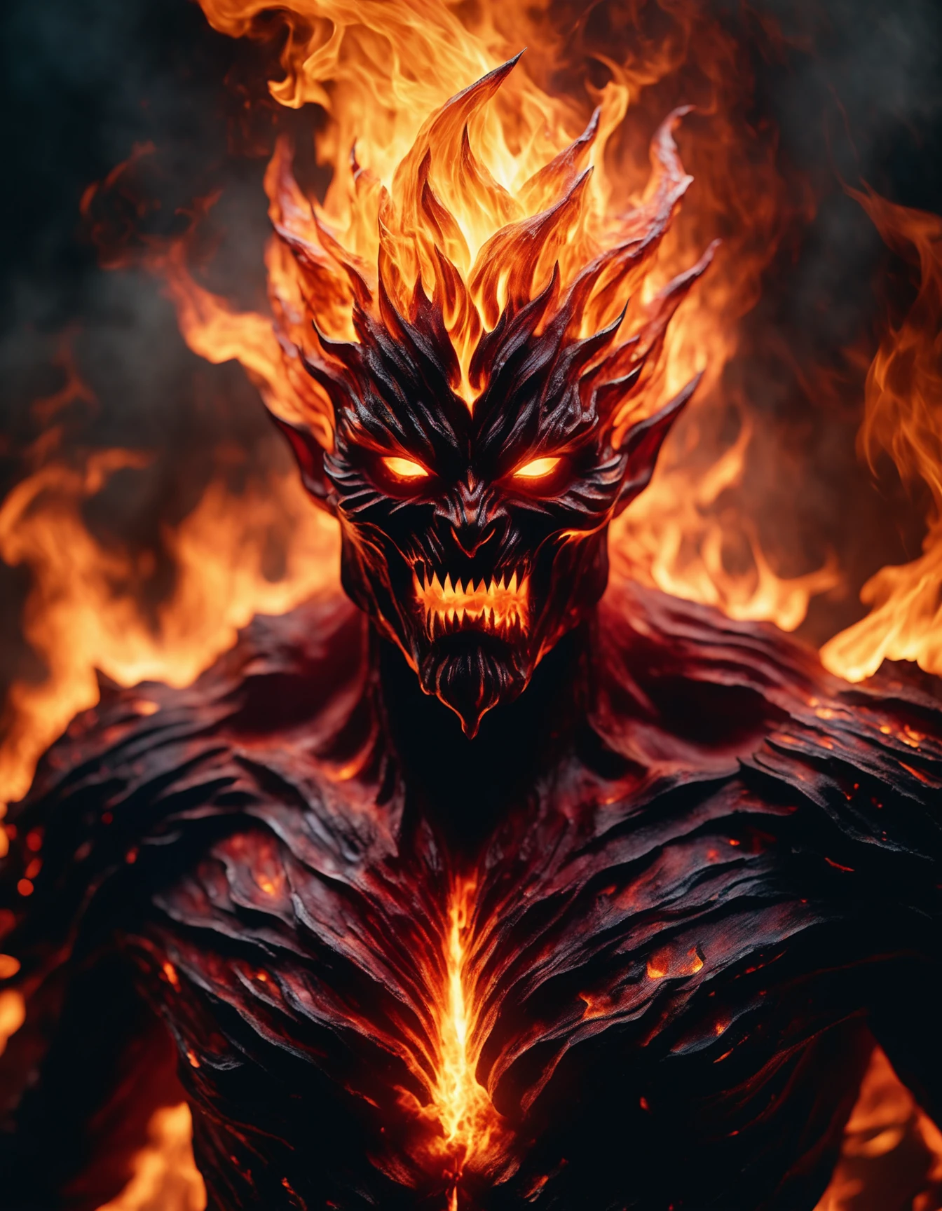 Realistic portrait photograph, fantasy style. Close-up of a Inferno elemental spirit. Soft lighting creates a dramatic, moody ambiance. Detailed focus on their eyes. High-resolution image emphasizing texture.