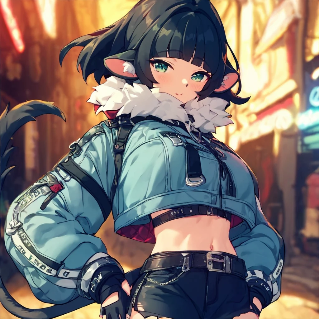 score_9, score_8_up, score_7_up, score_6_up,score_5_up, score_4_up,1girl,cute,jane_doe_zzz, dark hair,black shorts,rat ears,green eyes,peach skin color,long dark hair ponytail red towards the ends,rat tail,dark green aquamarine jacket with fur,torn tights,night street, <lora:janeZZZ-000002:1>,dynamic  light