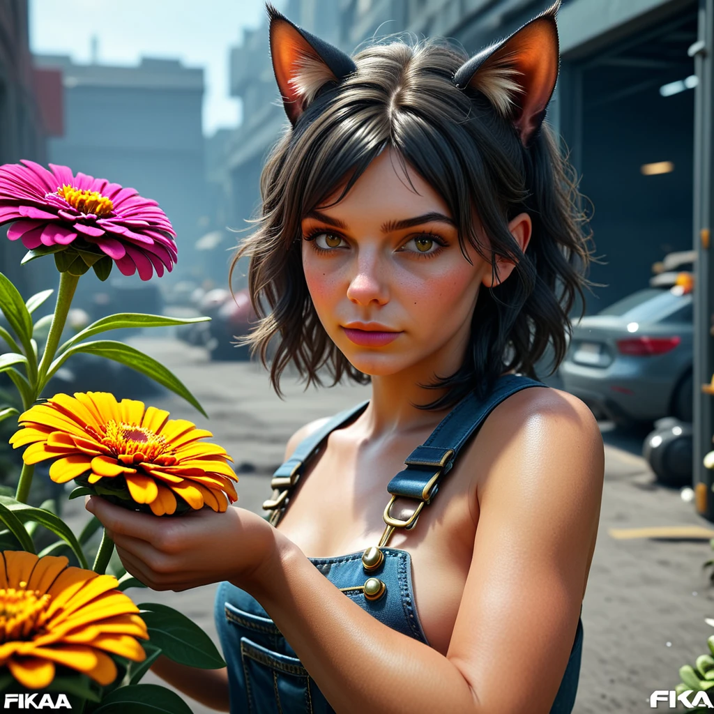 female mechanic mech with cat ears, my flower landscape zinnia, raw, masterpiece, extreme ultra best picture, extreme ultra intricate creative detail, extreme hyper realistic detail, extreme ultra hyper photo realism, extreme ultra-hyper immersive visuals, extreme 3D realistic, ultra 4080p, HD, VFX, SFX, FKAA, TXAA, RTX, SSAO, portrait shot, 5 perfect fingers