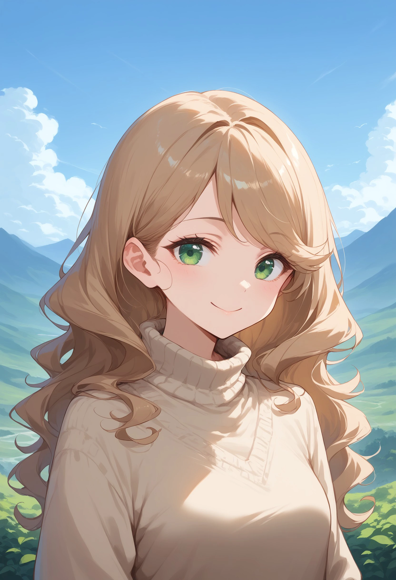 score_9, score_8_up, score_7_up, score_6_up, source_anime,

1girl, (light green eyes), wavy hair, light brown hair, swept bangs, [long hair], small breasts,

smile,

beige sweater,

mountains, scenery, outdoors, upper body