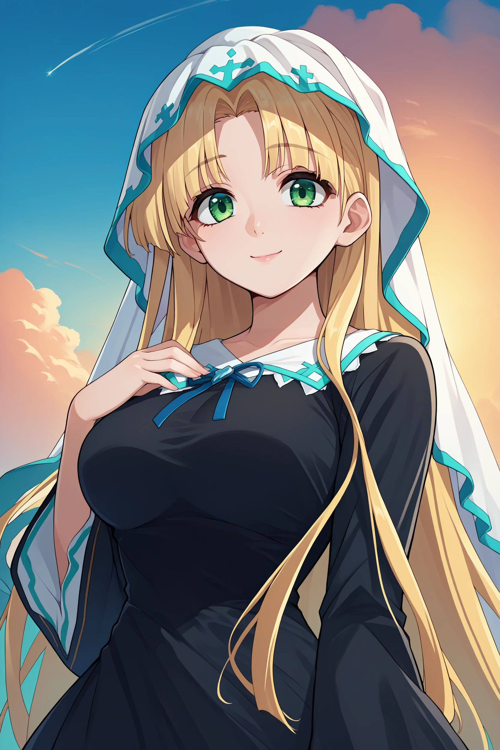 score_9, score_8_up, score_7_up, score_6_up, source_anime, 1girl, solo, <lora:asiaargento-pdxl-nvwls-v1-000005:1> dxdaa, blonde hair, very long hair, green eyes, white veil, black dress, long sleeves, big breasts, looking at you, upper body, blue sky, smile, sunset