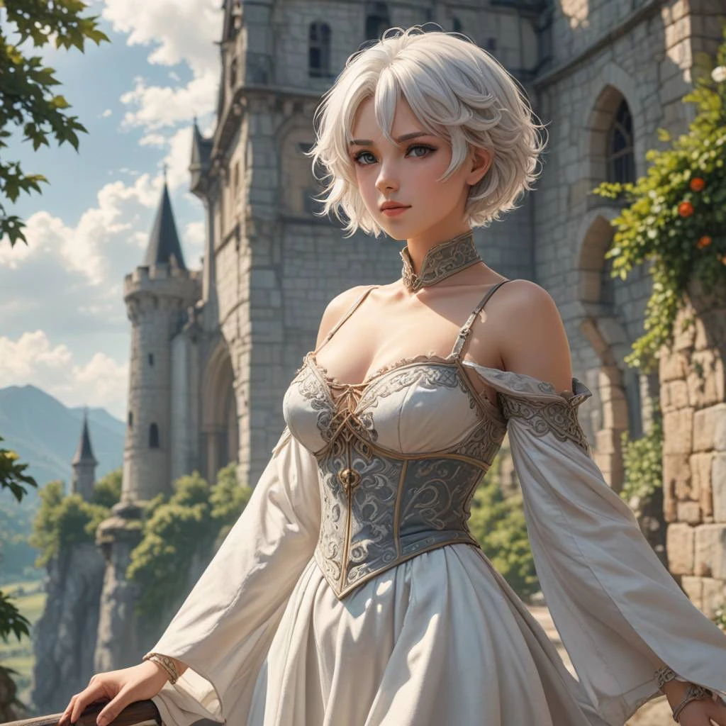 medieval style, girl, anime, beautiful, largue breasts, white hair, full body, short hair, sfw, castle, dress, perfect fingers, perfect girl