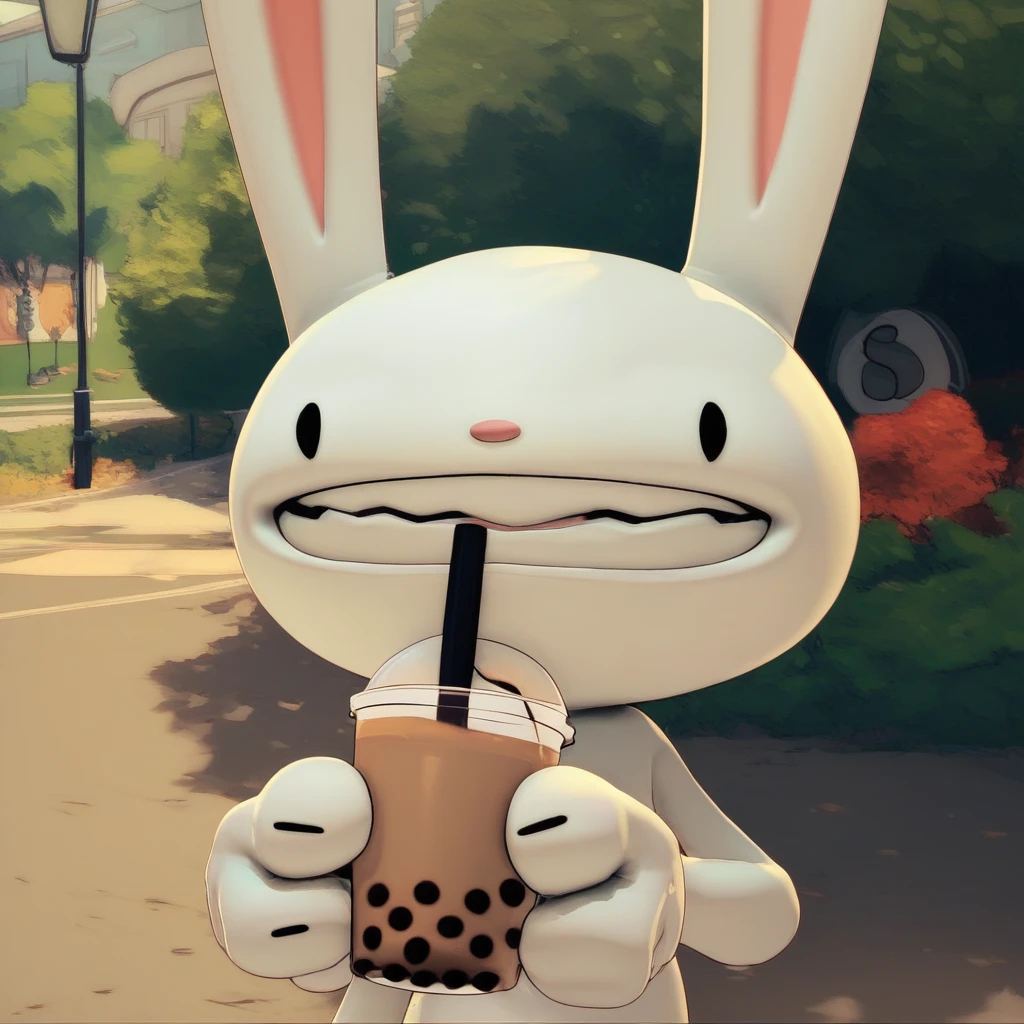 score_9 score_8_up score_7_up, max rabbit, holding, bubble tea, park